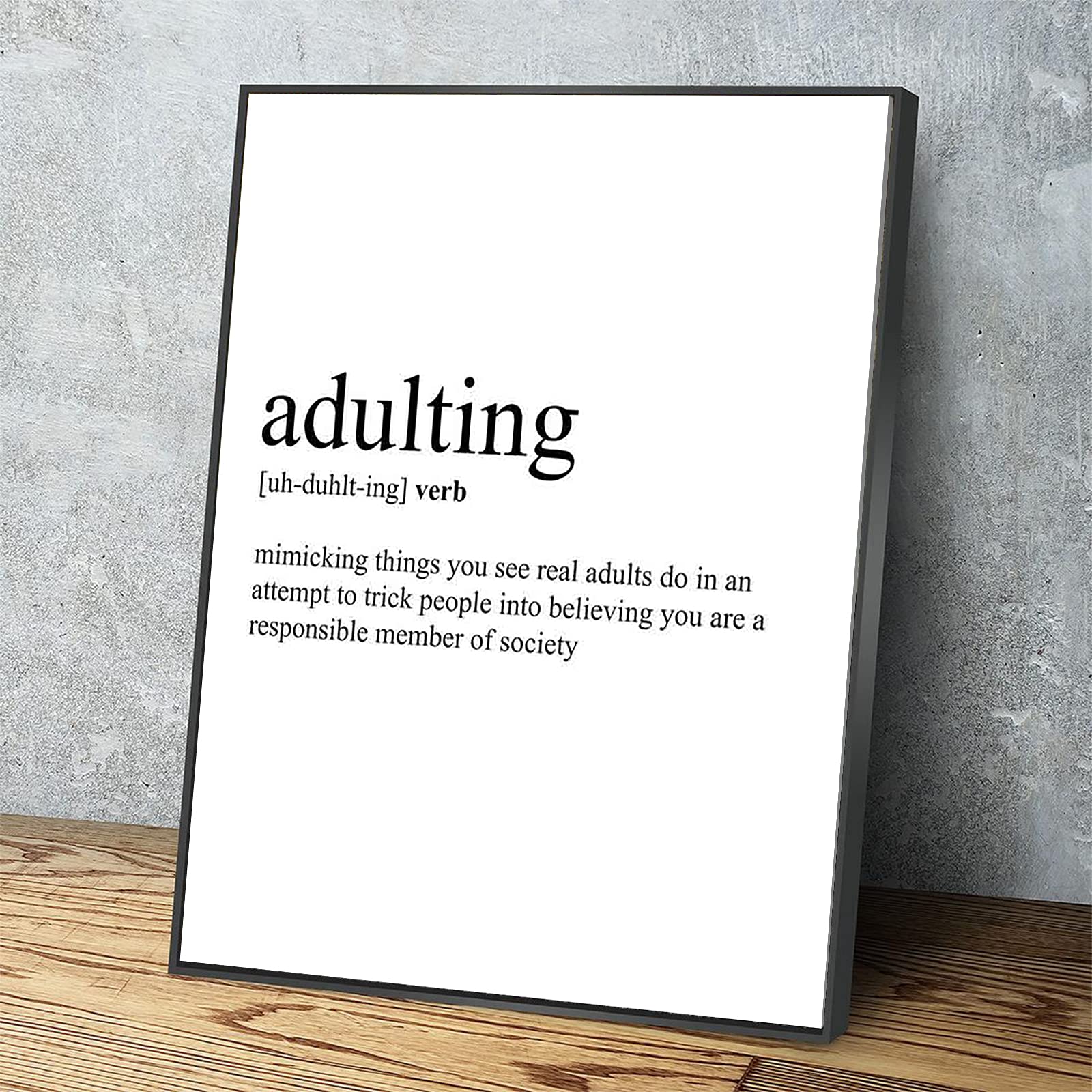 Funny Adulting Definition Dictionary Print Canvas Wall Art - Black Metal Framed Modern Home Office Decor (18x12 Inch) | Ready to Hang for Living Room, Bedroom & Apartment