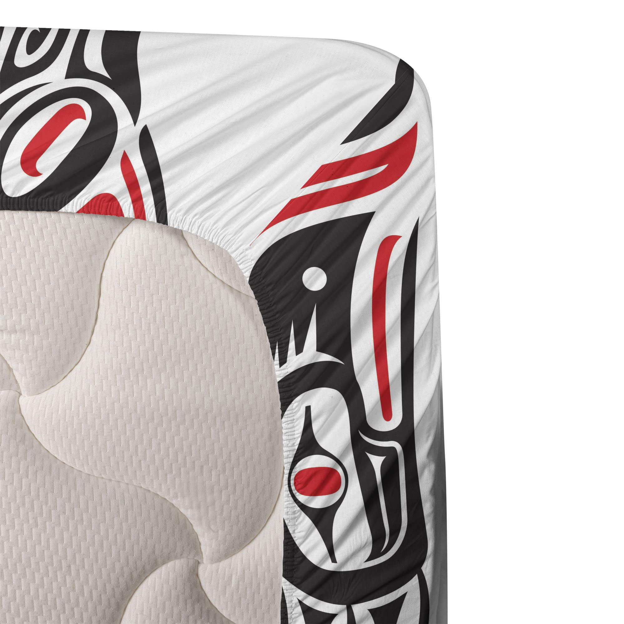 Ambesonne Prehistoric Dinosaur Bed Sheet Set - King Size 4-Piece with Haida Tribal Animal Motifs, Fitted & Flat Sheets + Pillowcases - Black Vermilion White | Perfect for Kids' Rooms, Dinosaur-Themed Bedrooms & Unique Home Decor
