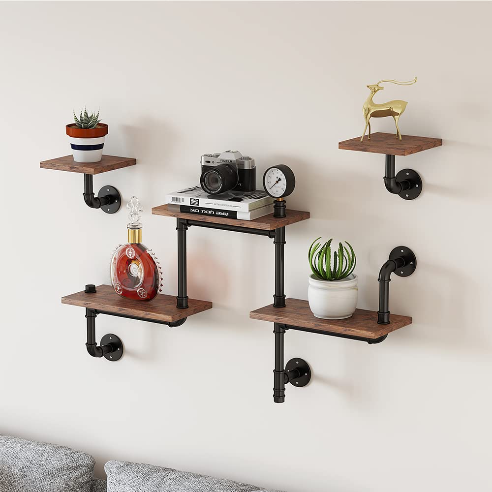 Industrial Pipe Shelving Set of 3 - Rustic Wall Mounted Floating Shelves with Wood Planks for Home Decor, Living Room & Office - Modern Ladder Shelf for Books, Plants & Display