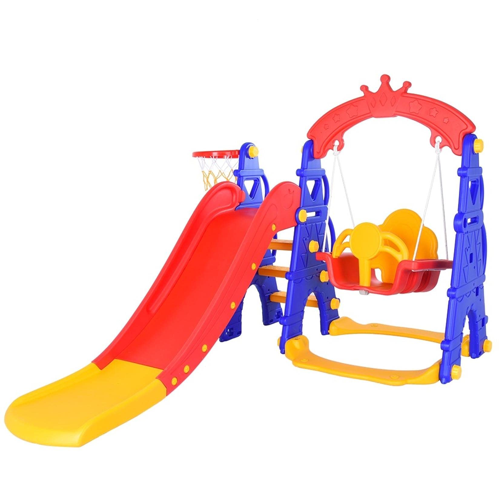 **Articuno 6-in-1 Toddler Slide & Swing Set with Basketball Hoop, Football Goal, Climbing Stairs & Baseball Set – Multicolor Outdoor Playground for Kids – Perfect for Backyard, Park & Indoor Fun**