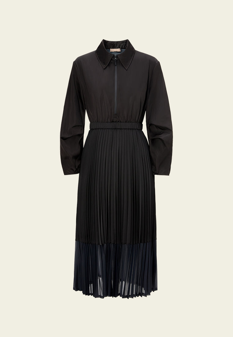 Elastic Waistband Pleated Windbreaker Dress for Women - Lightweight Water-Resistant Casual Dress for Outdoor Activities, Travel & Work