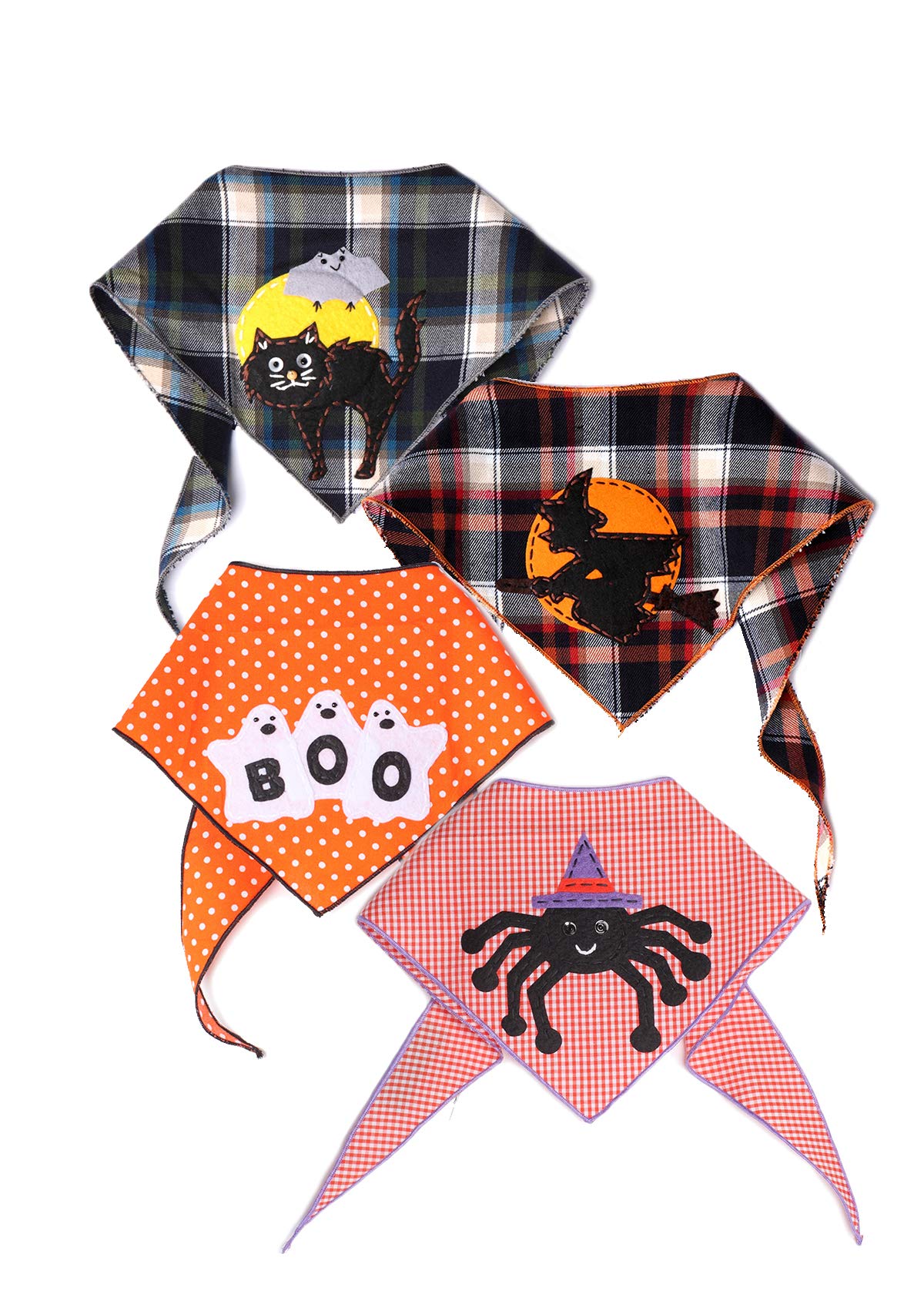 4 Pack Halloween Dog Bandanas with Designer Appliques for Medium to Large Dogs - 100% Cotton Pet Bandanas for Costume Parties, Trick or Treat & Holiday Photos