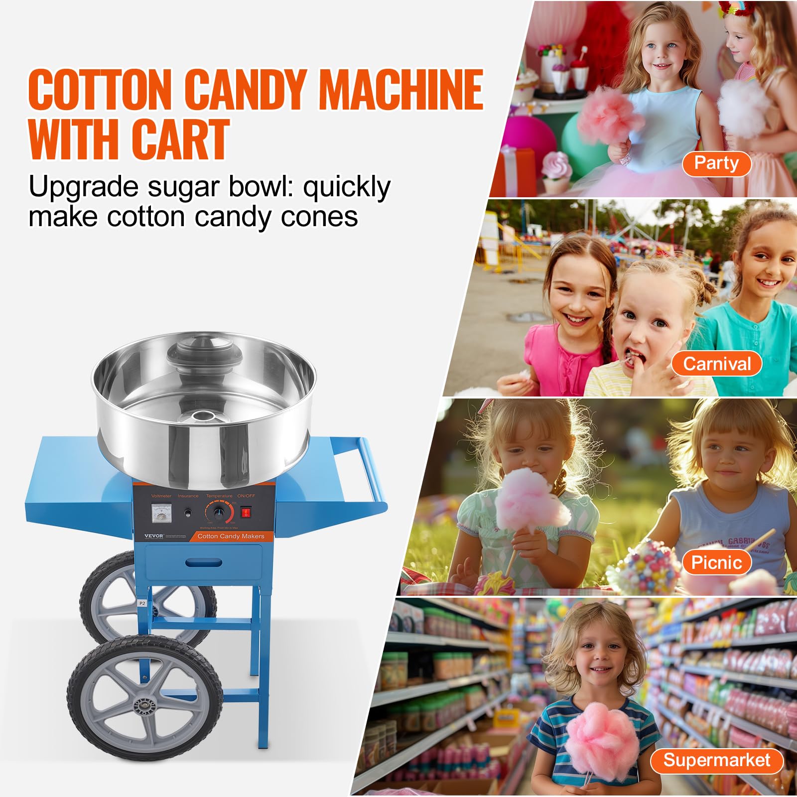 VBENLEM Commercial Cotton Candy Machine with Cart - Electric Candy Floss Maker with Stainless Steel Bowl, Sugar Scoop & Storage Drawer - Perfect for Birthday Parties, Carnival Events, Wedding Receptions & Home Use (Blue)