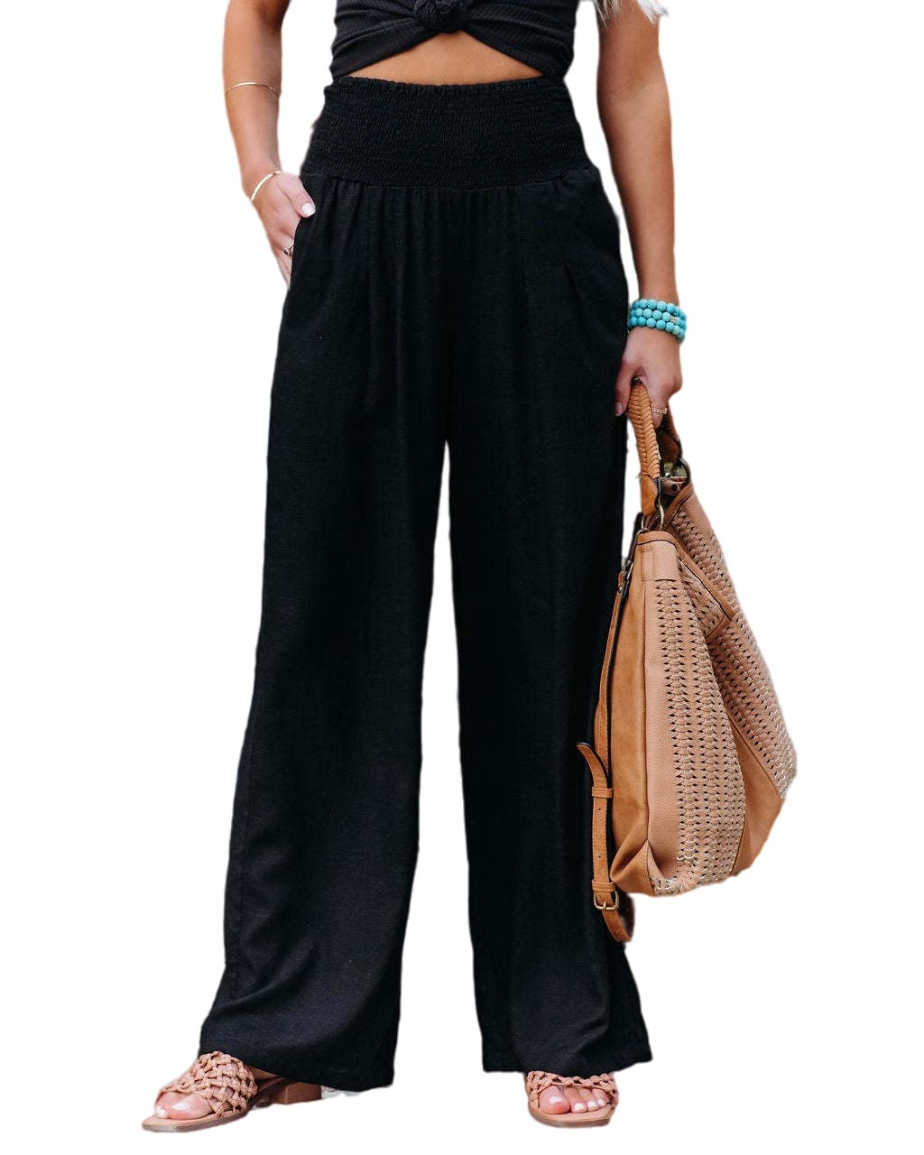 Hathne Women's Cotton Linen Elastic High Waist Wide Leg Palazzo Lounge Pants - Comfortable Casual Summer Trousers for Yoga, Travel & Home Wear