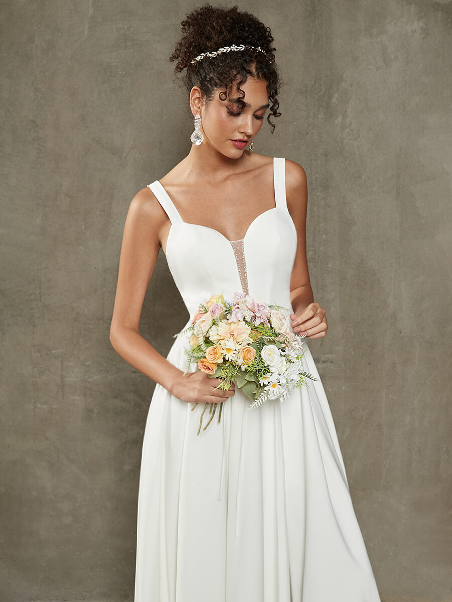 Elegant Diamond White Double FDY Sheer V-Neck A-Line Floor-Length Wedding Dress for Brides - Perfect for Church Ceremonies, Beach Weddings & Formal Receptions