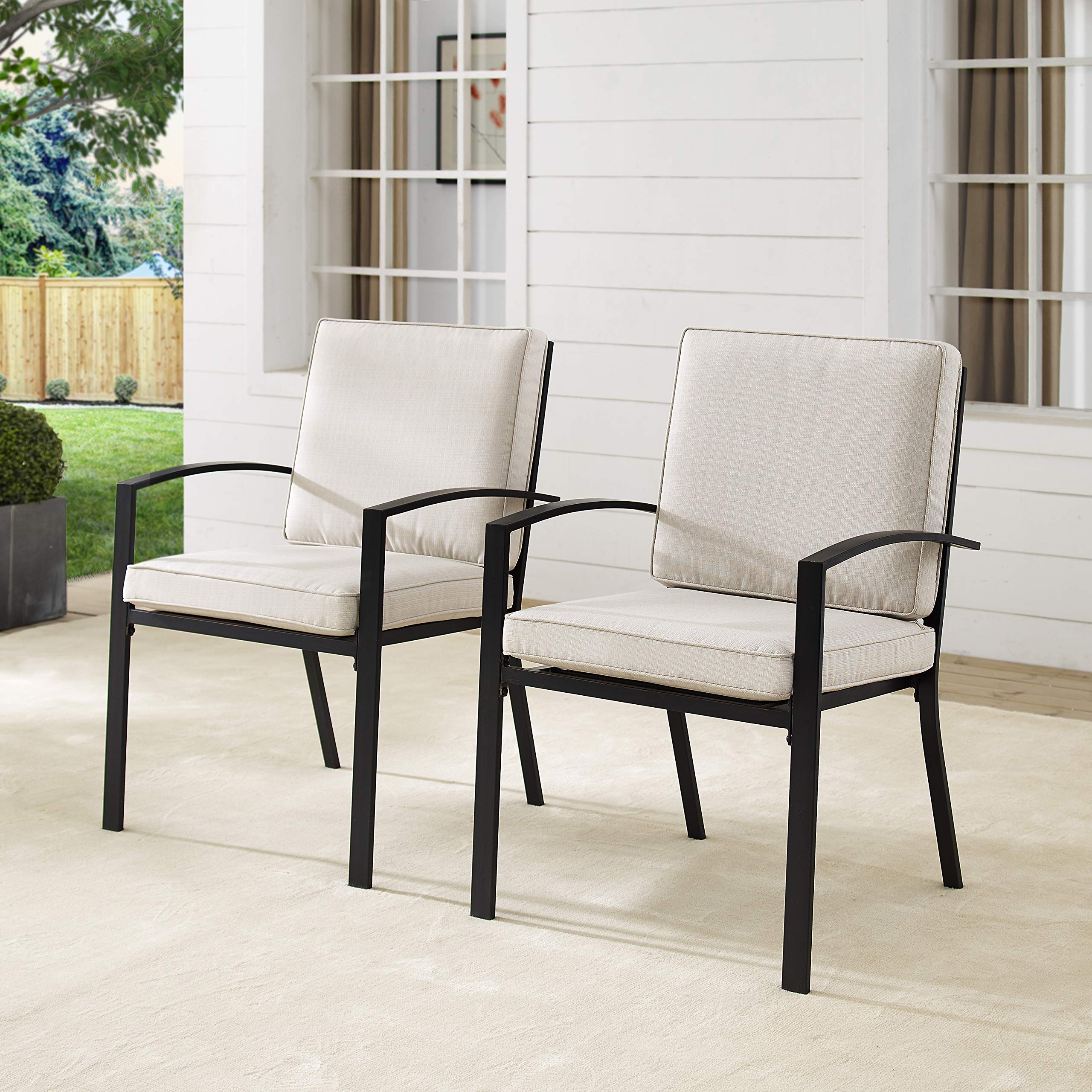 Crosley Furniture Kaplan 2-Piece Outdoor Dining Chair Set - Patio Chairs for Deck, Backyard, Garden - Oiled Bronze Metal Frame with Comfortable Oatmeal Cushions - Perfect for Outdoor Entertaining, Relaxing & Dining Al Fresco