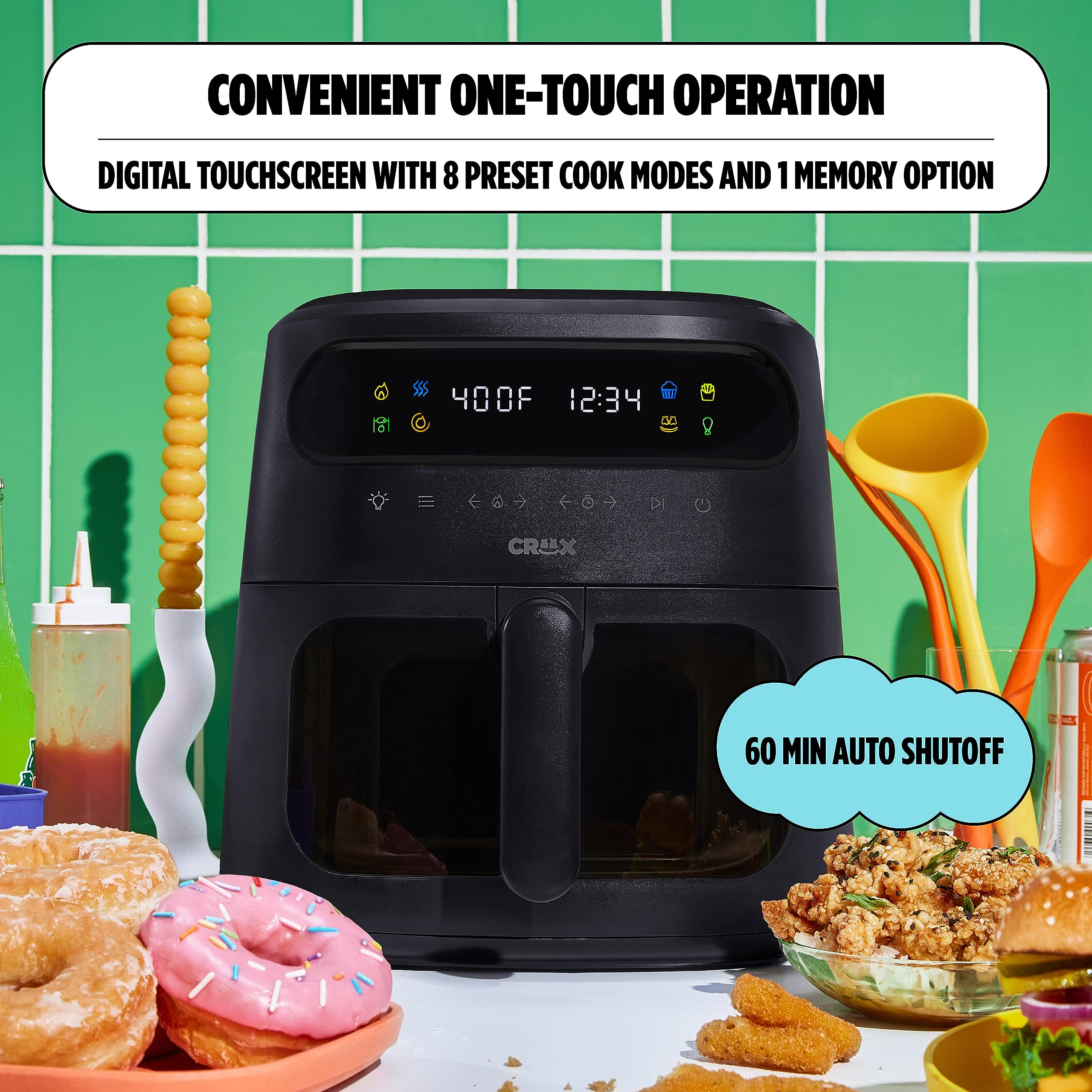 CRUX x Marshmello 8.0 QT Digital Air Fryer with TurboCrisp Technology - Touch Screen Controls, Timer, Auto Shut-off - Fully Programmable Air Fryer with Silicone Liner (Black) - Perfect for Family Cooking, Healthy Meals & Quick Snacks