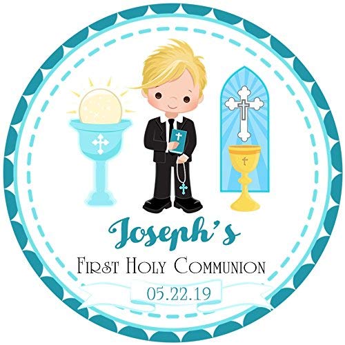 Boys First Holy Communion Sticker Labels - Personalized Favor Tags for Catholic Sacrament Party Decorations - Perfect for Church Celebrations, Gift Wrapping & Party Favors