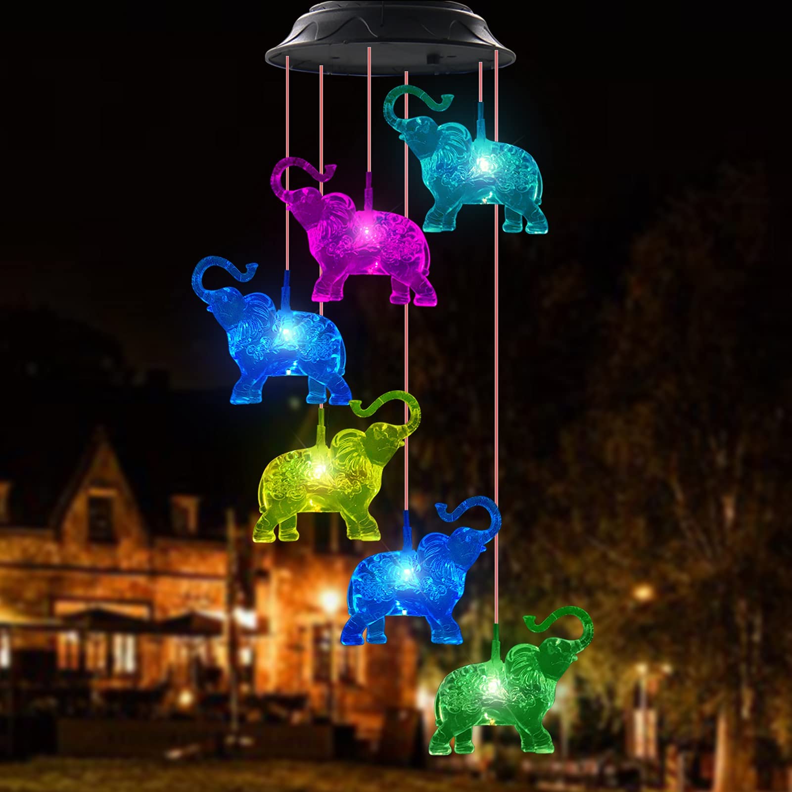 Solar Powered Elephant Wind Chimes with 6 Bells & LED Lights - Waterproof Outdoor Decor for Garden, Patio, Yard - Perfect Housewarming Gift & Memorial Garden Accent