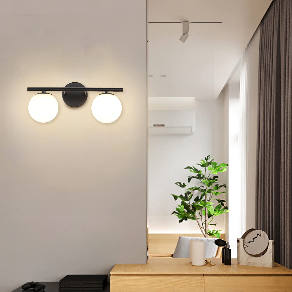 Modern Brushed Black Bathroom Vanity Light Fixtures with Milk White Globe Glass Shade - Wall Sconce for Mirror Lighting, Perfect for Contemporary Home Decor and Spa-Like Ambience