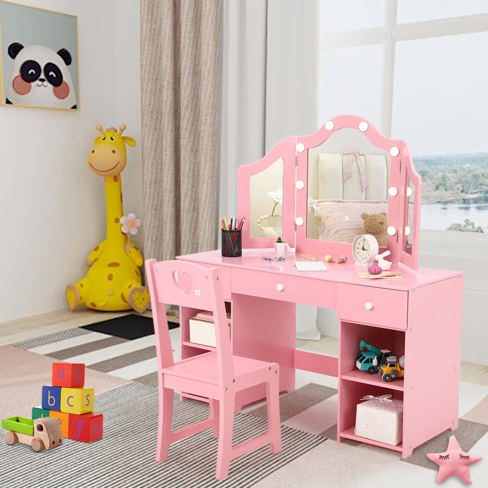 Princess Makeup Vanity Table Set for Girls - Wooden Kids Dressing Table with Touch Light, Detachable Tri-Folding Mirror & Open Storage Shelves - Perfect for Pretend Play, Birthday Gifts & Bedroom Decor (Pink/White)