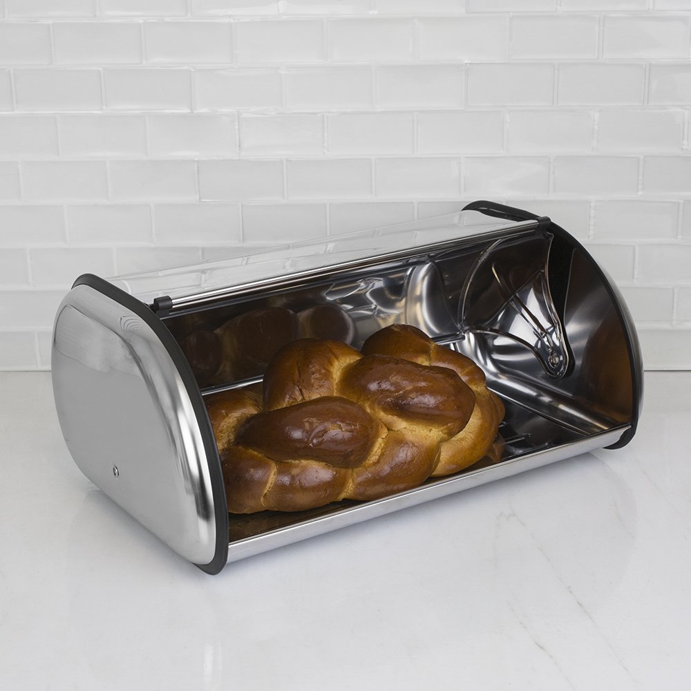LINEN STORE Stainless Steel Bread Box with Roll Top Lid - Kitchen Organizer for Bread Loaf, Dinner Rolls, Pastries & Baked Goods | Perfect for Countertop Storage in Modern Kitchens, Bakeries & Cafés