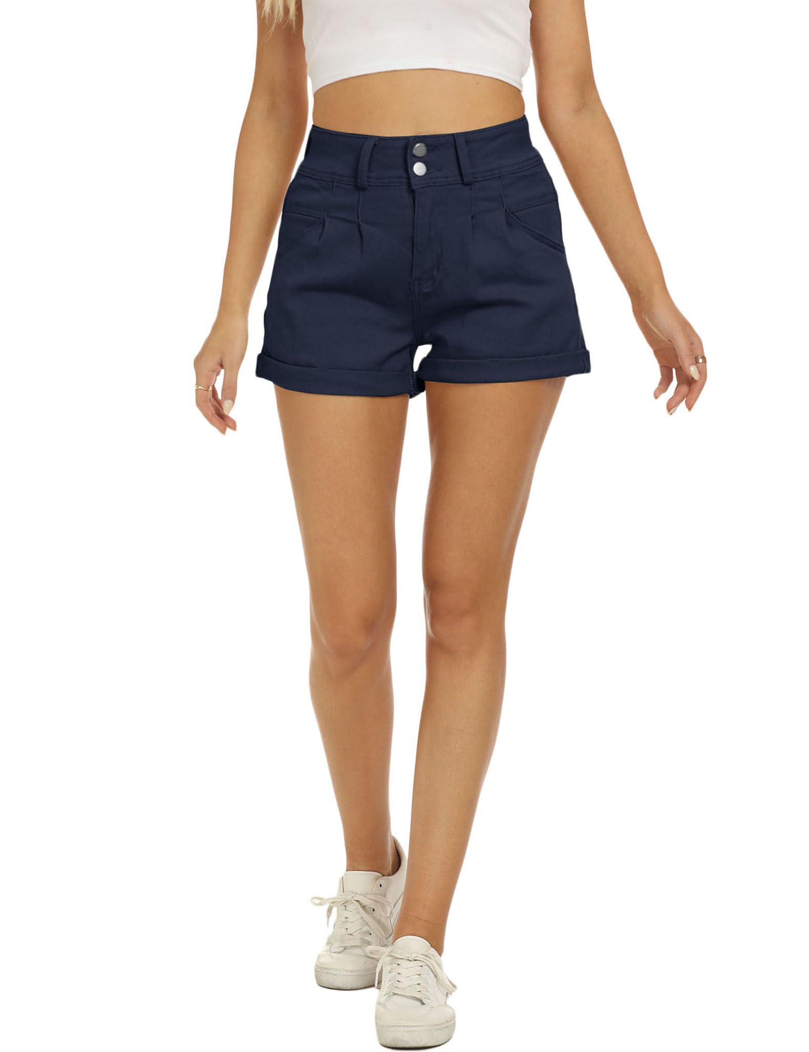 Orchidays Women's High Waisted Chino Bermuda Shorts with Folded Hem - Comfortable Casual Summer Shorts for Women, Perfect for Beach, Travel & Daily Wear