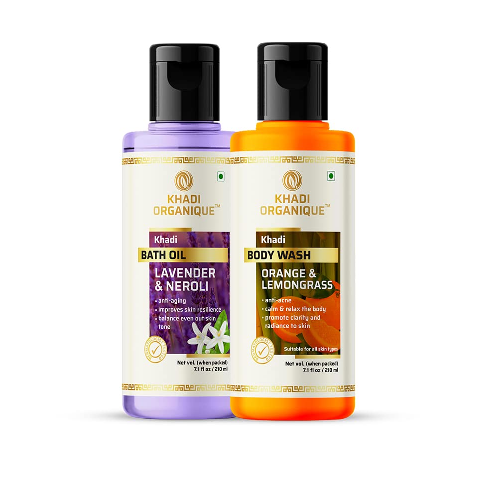 Khadi Organique Lavender & Neroli Bath Oil + Orange & Lemongrass Body Wash Combo | Organic Body Care Set for Relaxation & Hydration | Perfect for Spa Day, Self-Care Routine & Gift Giving