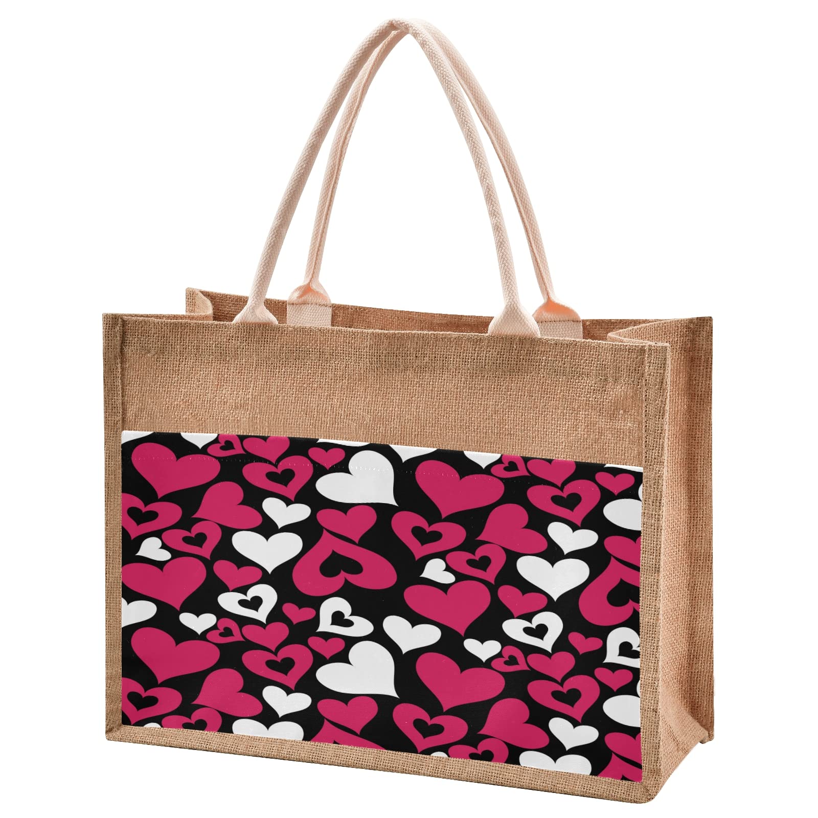 ALAZA Valentine's Day Pink Heart Jute Tote Bag for Women - Eco-Friendly Grocery Shopping Bag with Handles, 9.8x9.8x7.1 inches - Perfect for Romantic Dates, Beach Outings & Farmers Market