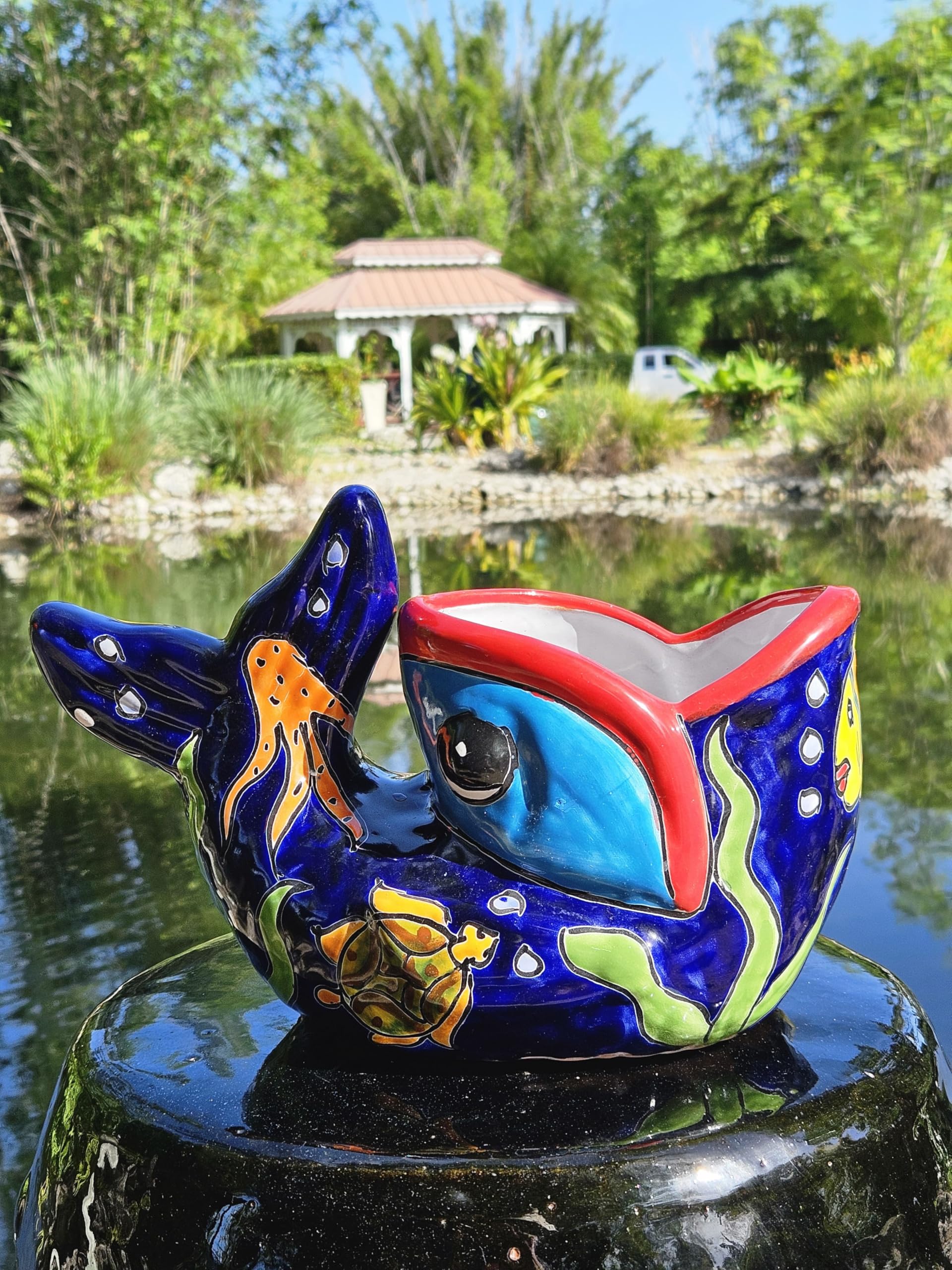 Large Talavera Bonsai Fish Planter - Hand-Painted Dark Blue Ceramic Pot for Succulents, Small Plants | Perfect for Home Decor, Garden, Office Desk & Patio