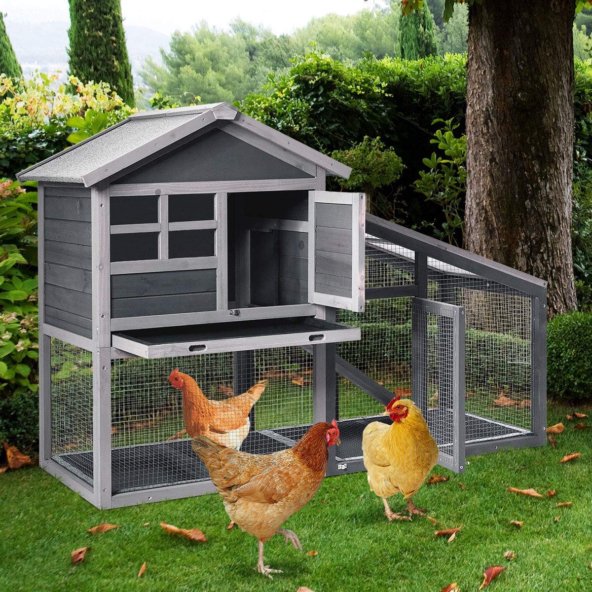 Tangkula Rabbit Hutch Indoor Outdoor - Wooden Chicken Coop Bunny Cage with Run, Ventilation Door & Removable Tray - Perfect for Backyard, Garden, or Patio Use - Great for Rabbits, Chickens & Small Pets (Gray)