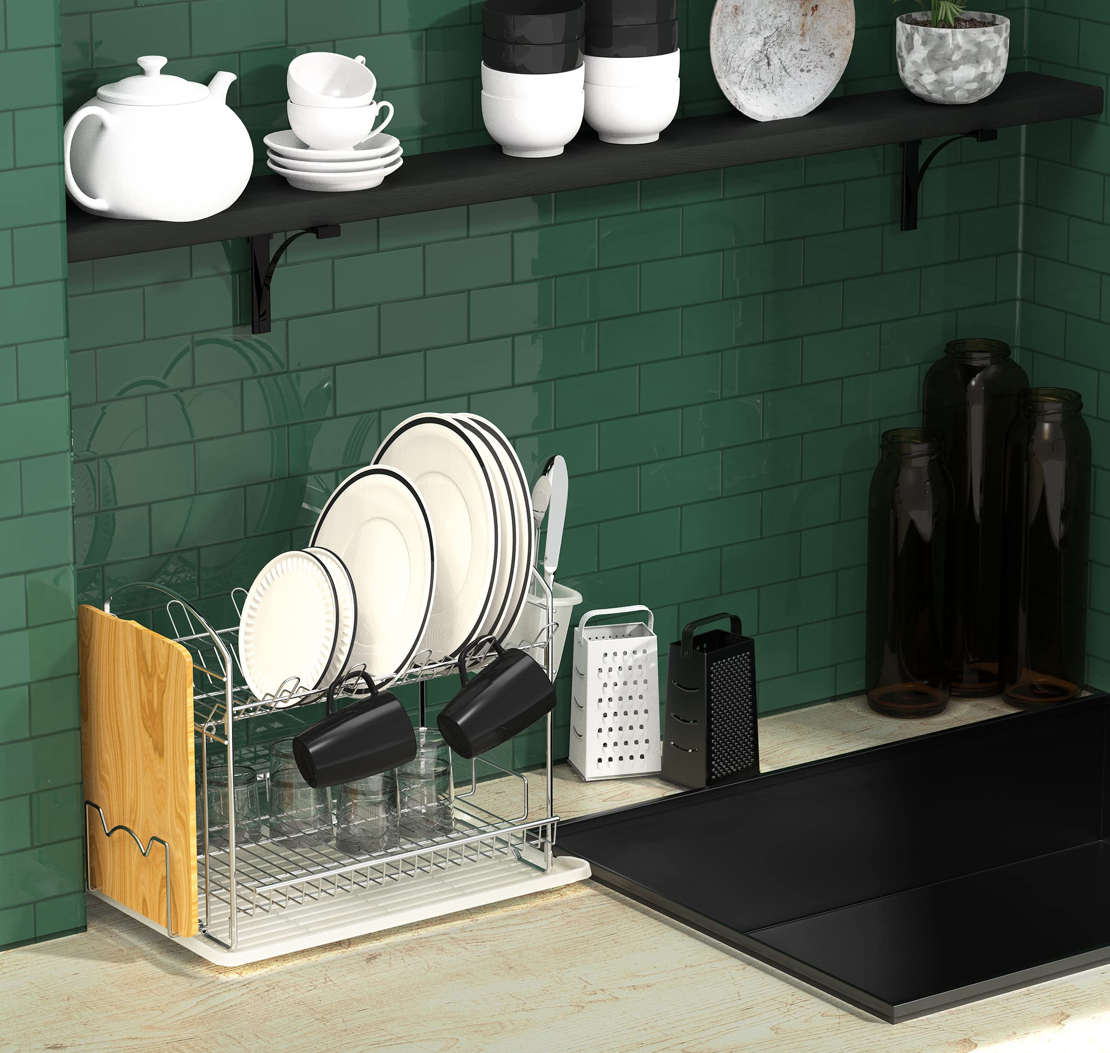 2-Tier Stainless Steel Dish Drying Rack with Drainboard | Space-Saving Kitchen Organizer | Perfect for Small Kitchens & Countertops | Chrome Finish | Simple Houseware Brand