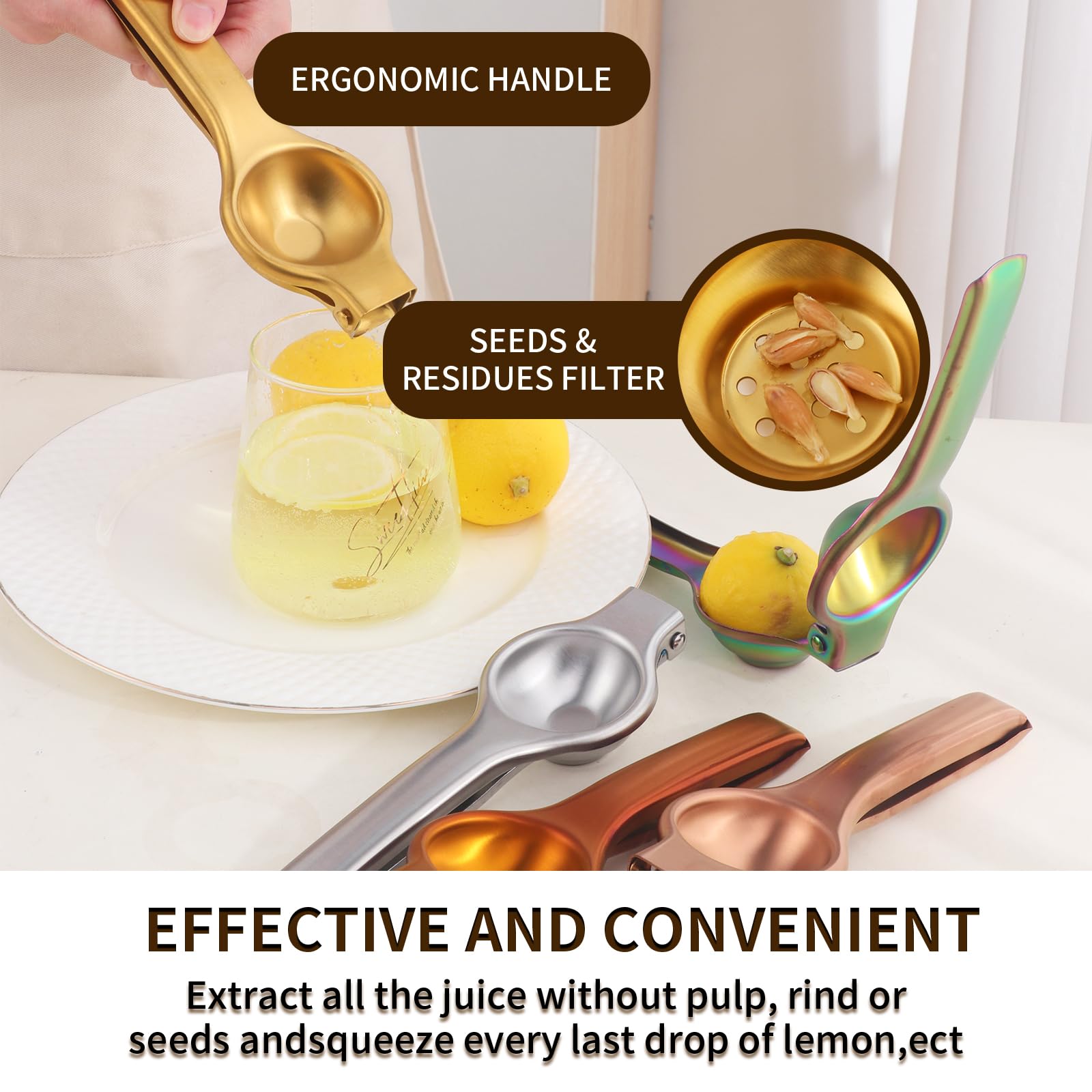 Premium Stainless Steel Manual Lemon Squeezer - Heavy Duty Hand Press Citrus Juicer for Lemon, Lime & Orange - Ergonomic Kitchen Tool for Fresh Juice, Cocktails & Cooking (Gold)