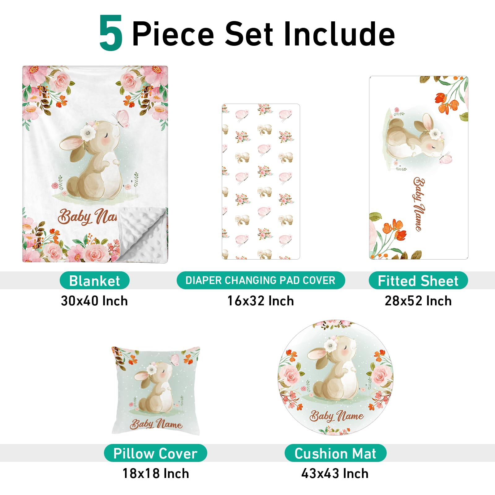 Custom Personalized 5-Piece Rabbit Theme Nursery Crib Bedding Set for Baby Boys & Girls - Soft Double Layer Blanket & Comfortable Crib Sheets | Perfect for Newborn Gifts & Nursery Decor