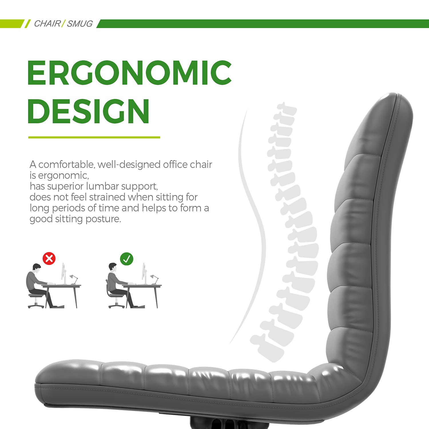 Ergonomic Armless Office Chair - Leather Swivel Task Chair with Mid Back Ribbed Design for Home & Office - Adjustable Height White Desk Chair for Adults & Kids - Perfect for Work, Study, Gaming & Vanity (Grey)