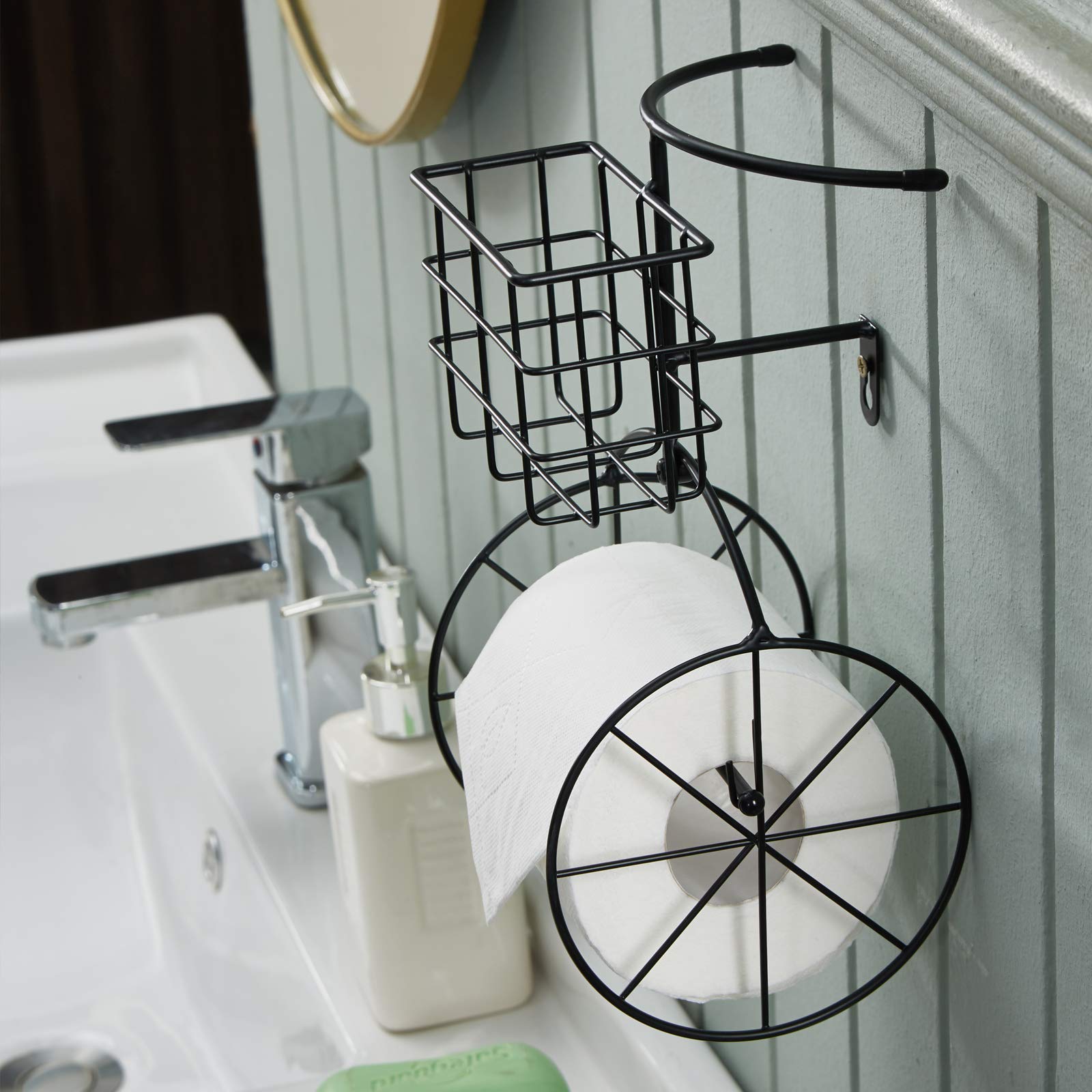 Jancin Black Metal Bicycle Toilet Paper Holder with Shelf - Bathroom Storage Wall Mount Paper Towel Rack & Phone Holder - Perfect for Small Spaces, RV, Apartment & Farmhouse Decor