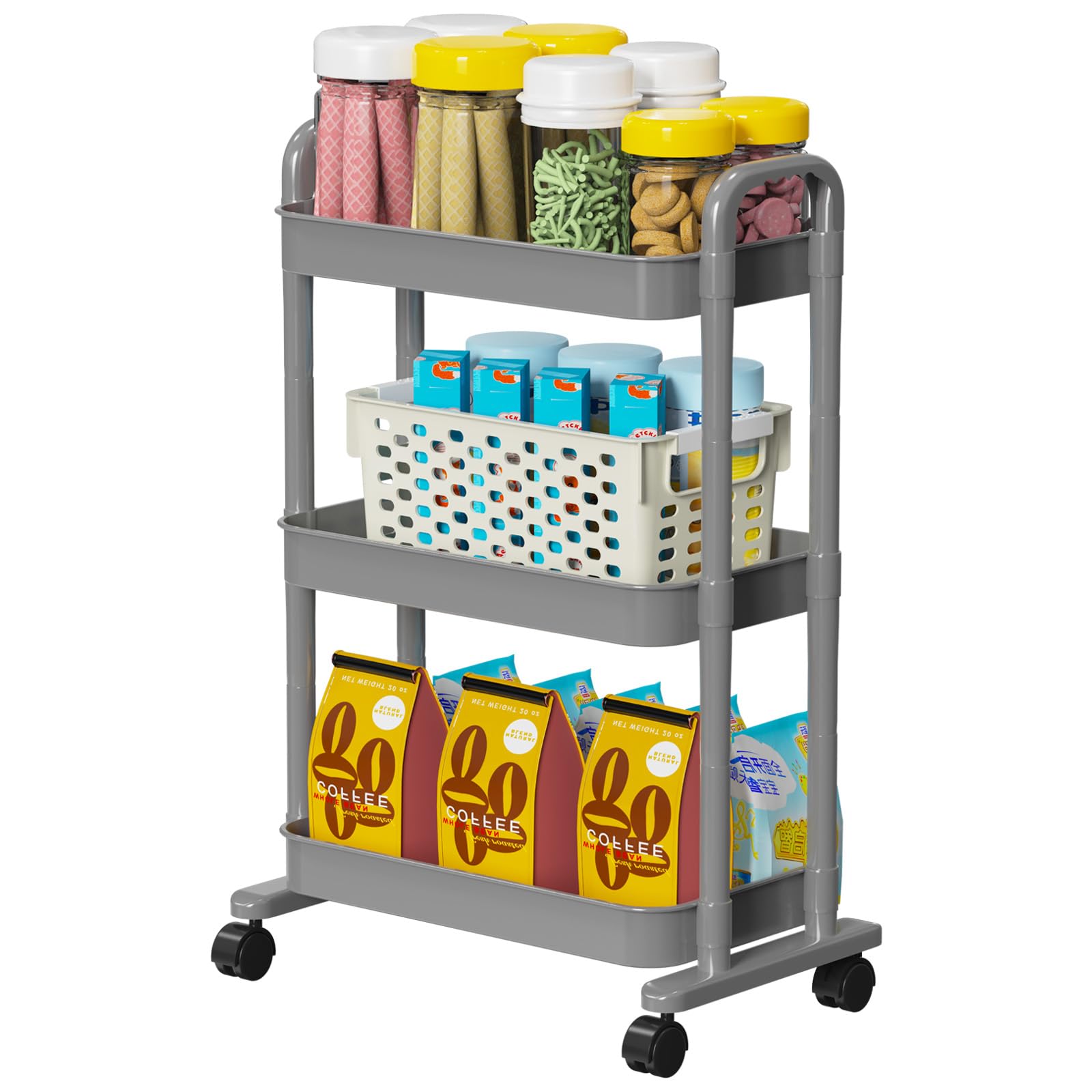 3-Tier Rolling Cart Organizer with Lockable Wheels - Multifunctional Kitchen Storage Cart, Mobile Utility Cart for Bathroom, Laundry & Living Room - Space-Saving Gray Shelving Unit | Perfect for Organizing Spices, Toiletries, Cleaning Supplies & Home Essentials