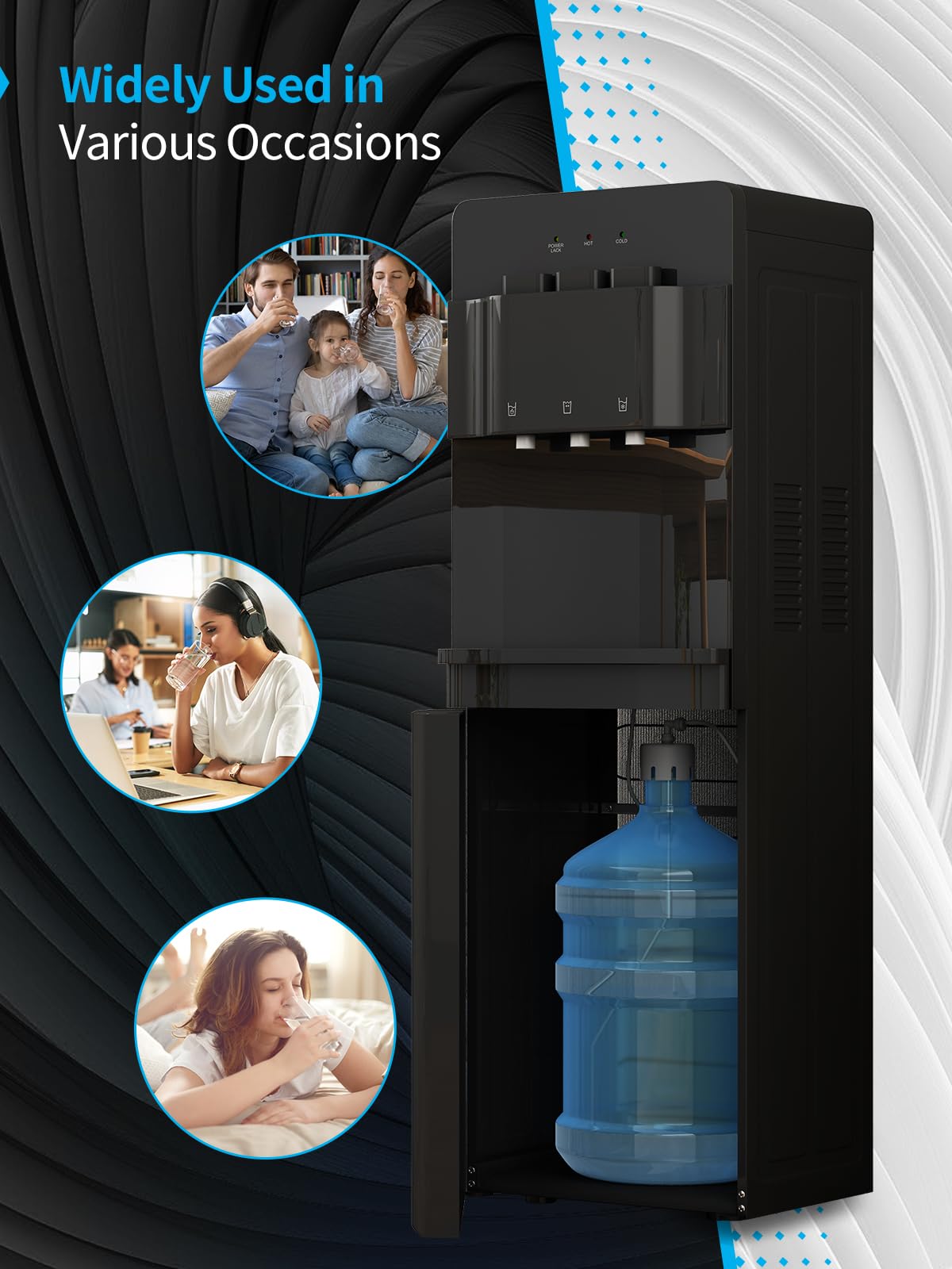 TABU Bottom Loading Water Cooler Dispenser with Hot, Cold & Room Temperature Settings - Child Safety Lock & Anti-Scalding Design for 3/5 Gallon Bottles (Black) - Perfect for Home, Office & School Hydration Needs