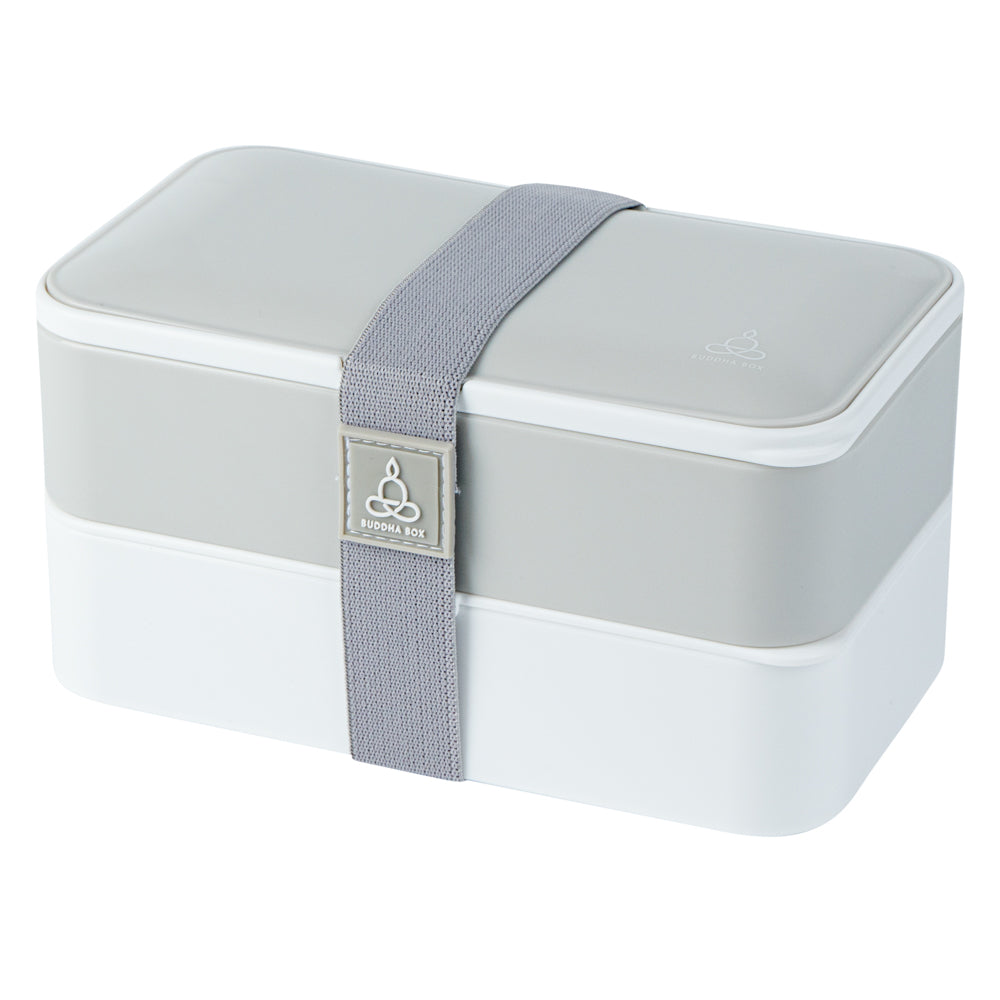 Bento Tek 41 oz Gray & White Buddha Box - All-in-One Lunch Container with Utensils & Sauce Cup (7.25