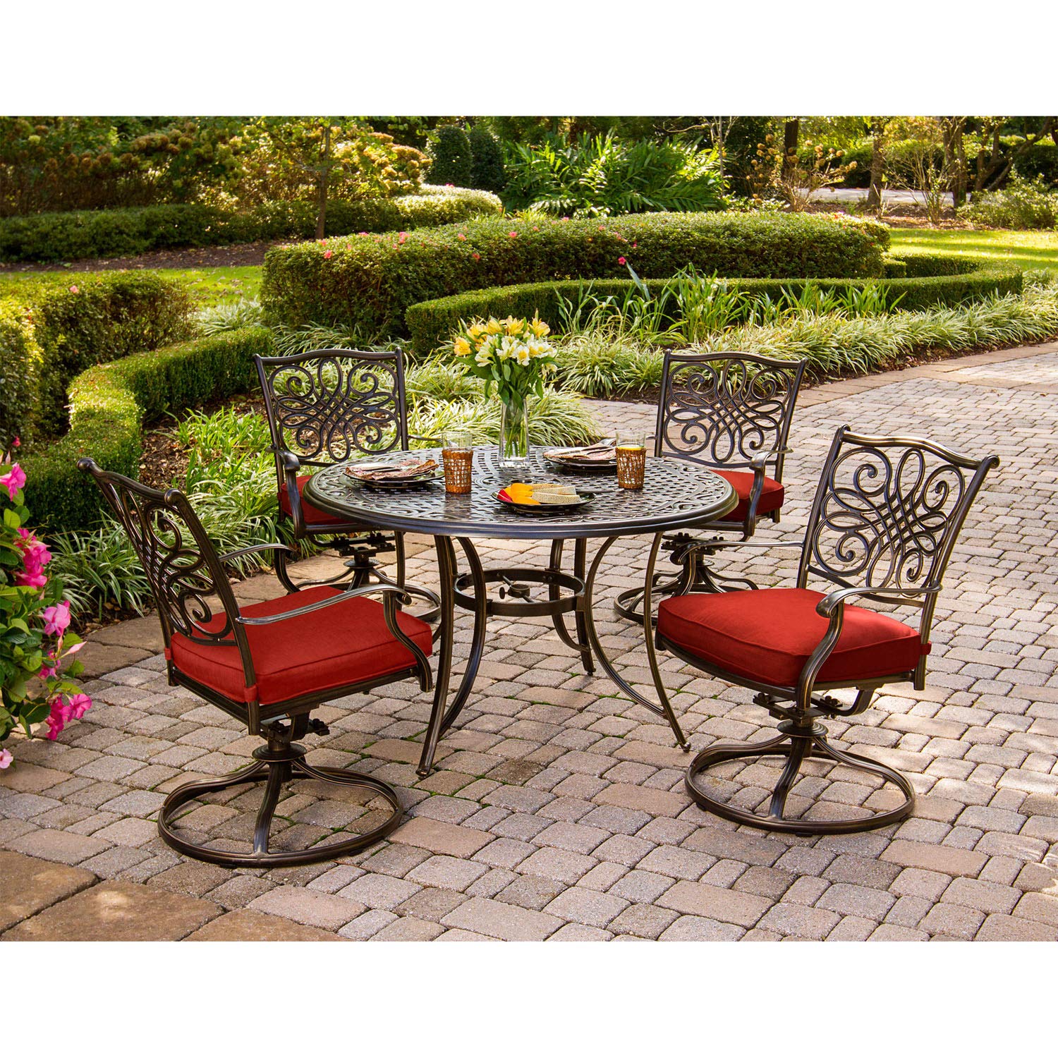 Hanover Traditions 5-Piece Outdoor Patio Dining Set - 48'' Round Rust-Resistant Table & 4 Swivel Rocker Chairs with Weatherproof Autumn Berry Red Cushions - Modern Garden Furniture for Backyard, Deck, and Poolside Dining
