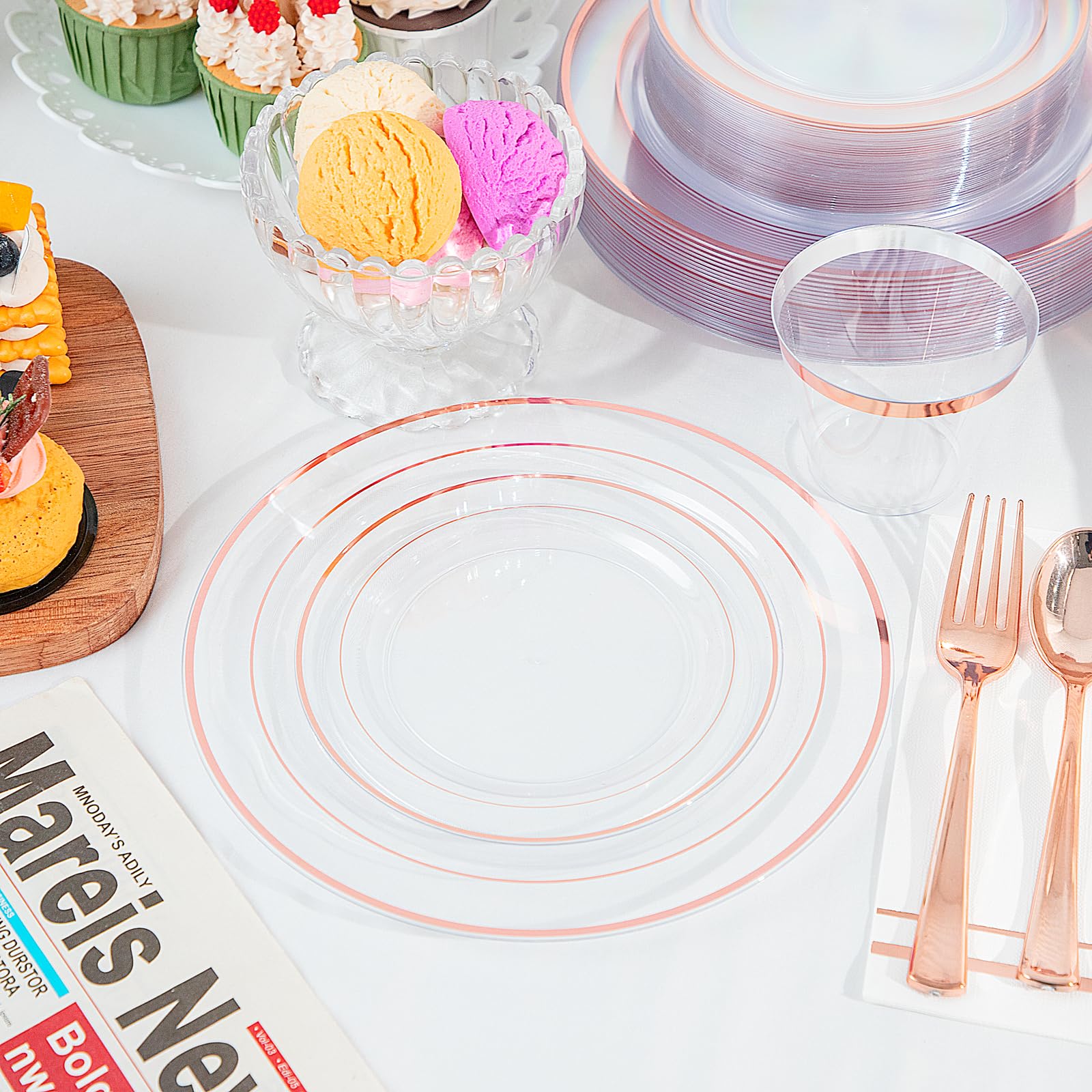350-Piece Rose Gold Plastic Party Dinnerware Set - 100 Disposable Rose Gold Rimmed Plates, 150 Silverware, 50 Napkins & 50 Cups for Weddings, Easter, Birthday & Bridal Showers - Elegant Disposable Tableware for Special Occasions