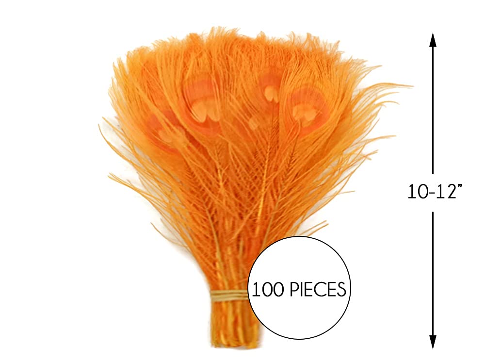 100 Pieces Orange Bleached & Dyed Peacock Tail Eye Feathers Bulk 10-12