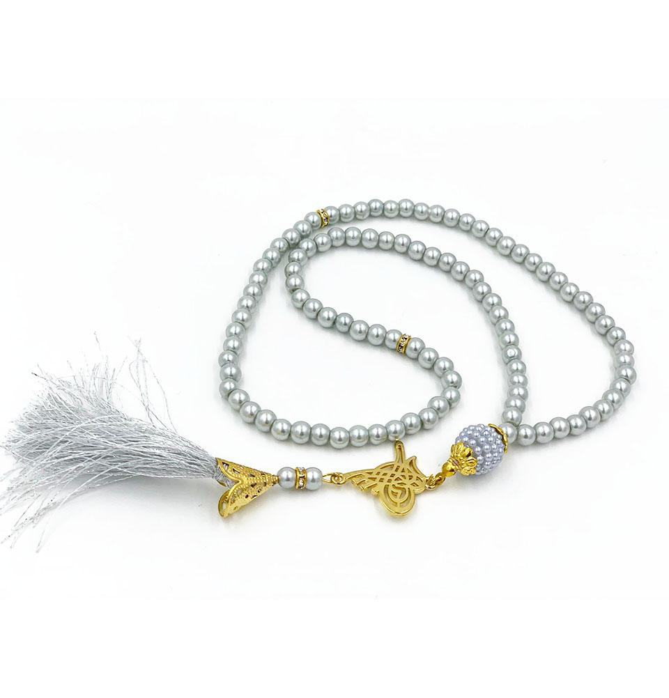 Premium Islamic Tesbih - 99 Count Acrylic Pearl Prayer Beads with Elegant Tughra Tassel in Gray - Perfect for Daily Dhikr, Meditation & Spiritual Reflection