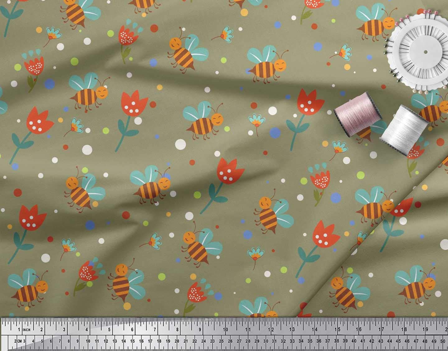 Soimoi Viscose Chiffon Fabric - Green Floral Bee Print - 42