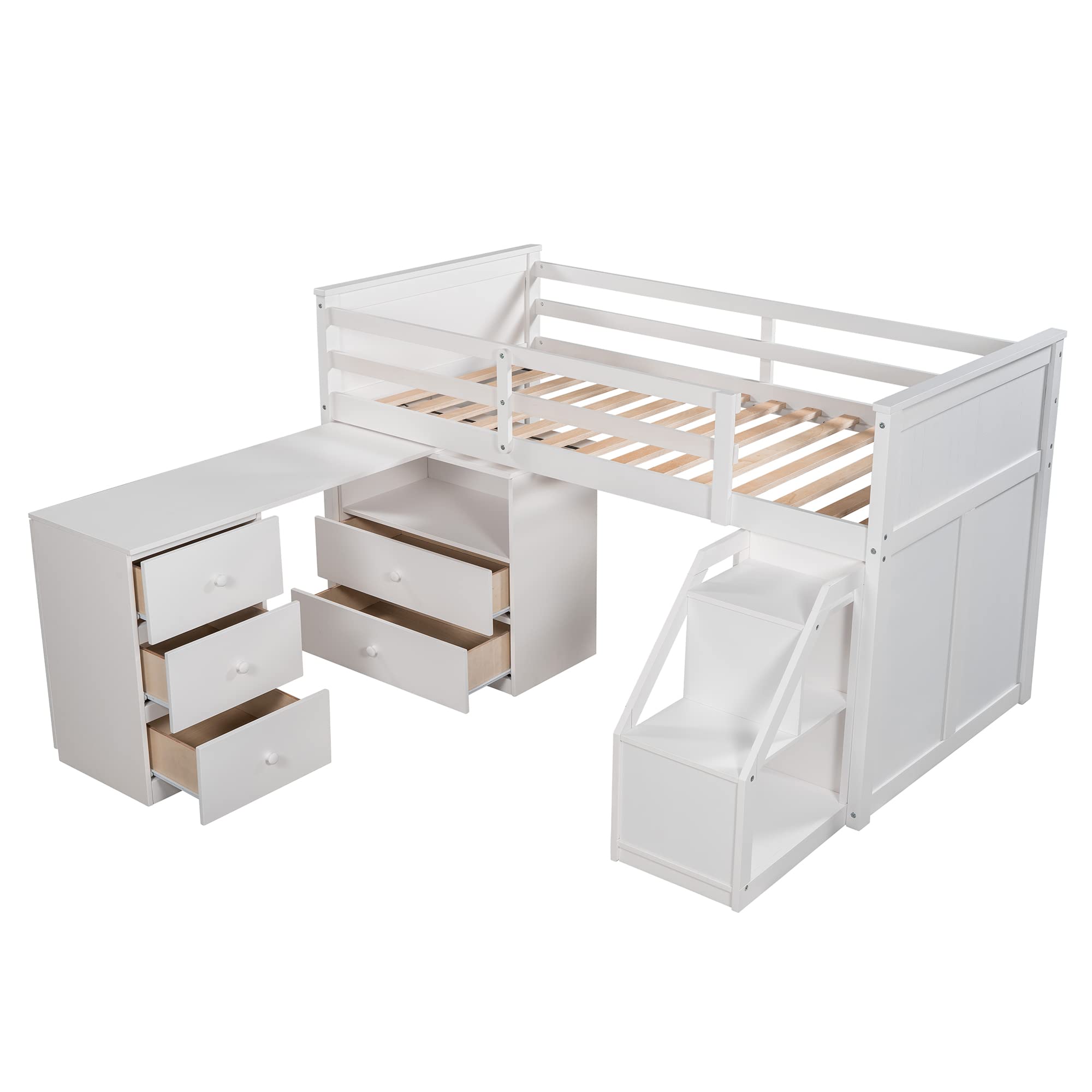 SOFTSEA Twin Loft Bed with Built-in Desk, Storage Cabinet & Stairs - Space-Saving Kids Low Bunk Bed (White) - Perfect for Small Bedrooms, Dorms & Playrooms