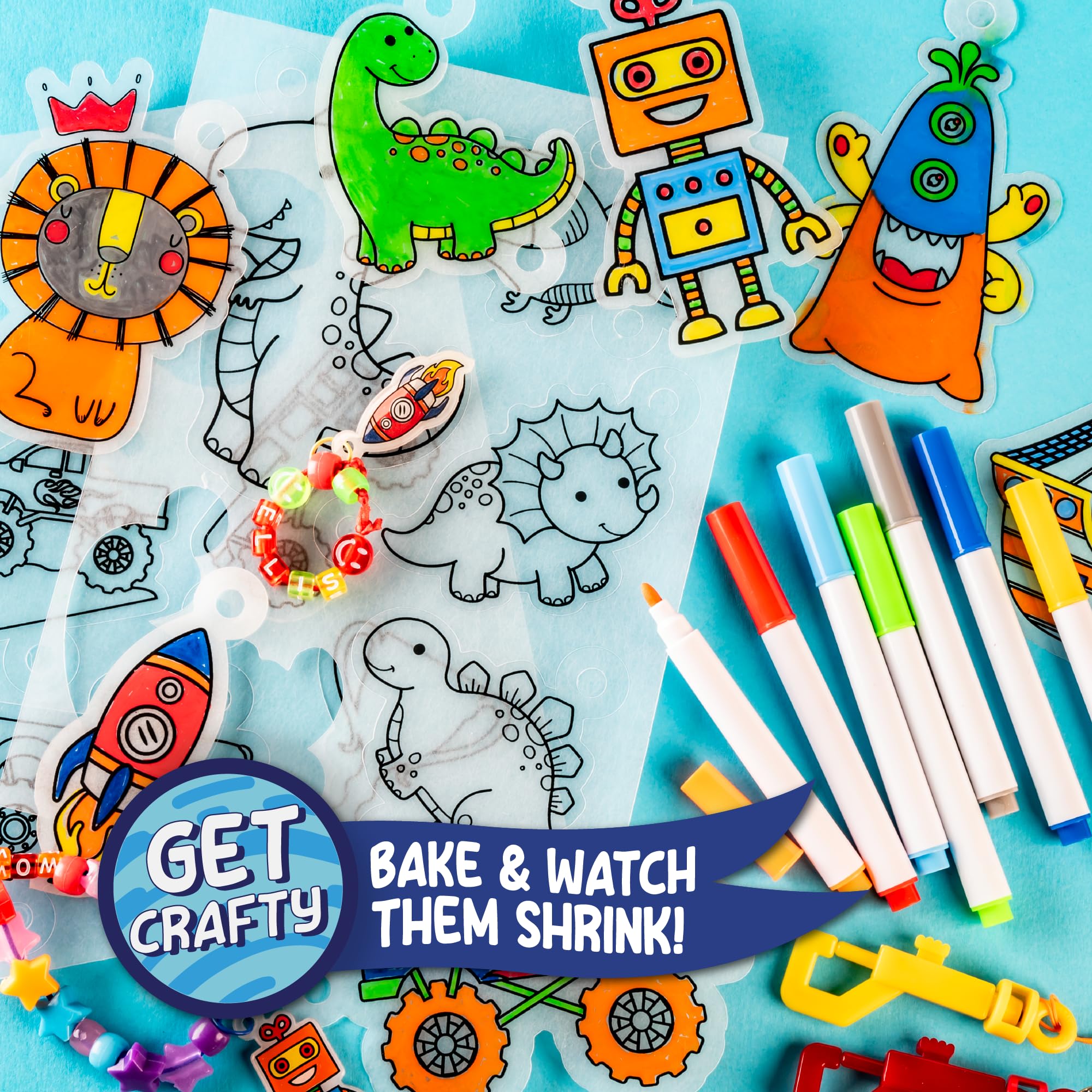 Original Stationery Art Adventure Shrink It Studio - DIY Keychain Maker Kit with 110+ Pieces for Kids & Boys to Create Custom Charms | Fun Shrink Art Craft Set for Birthday Gifts, Party Favors & Creative Playtime