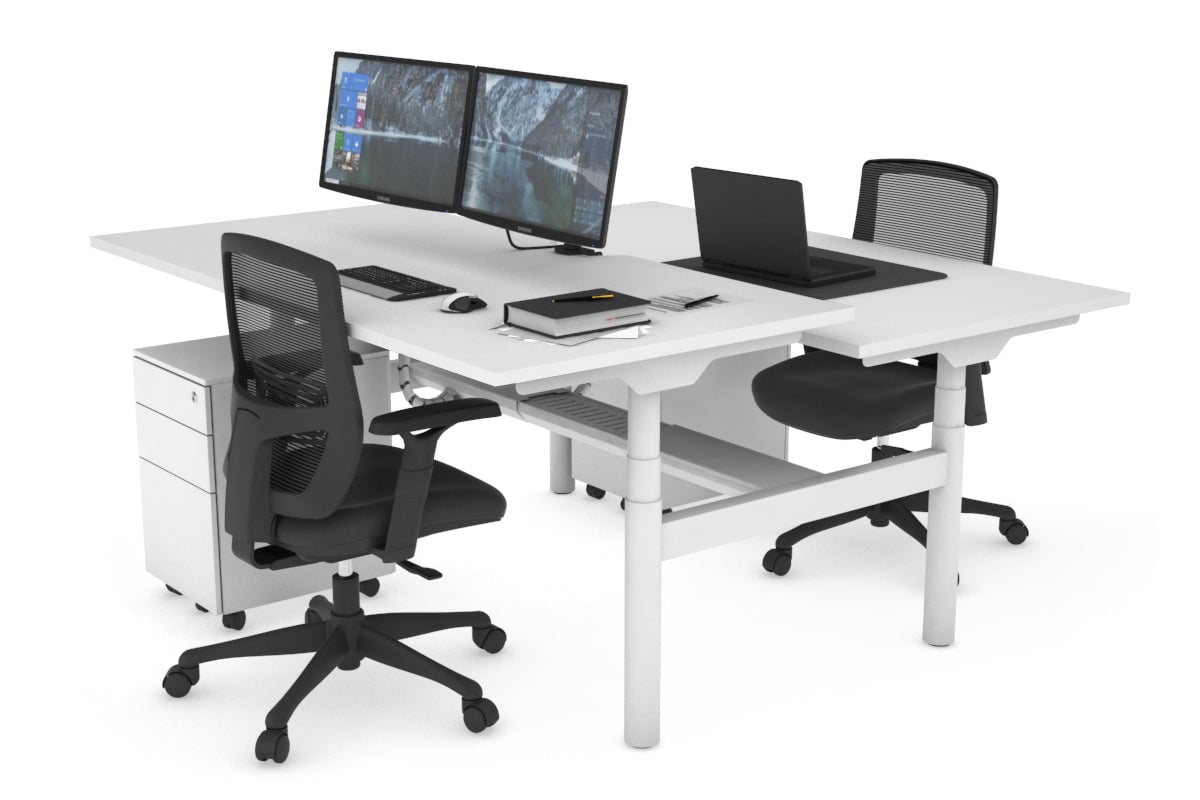 Flexi Premium Height Adjustable 2-Person H Bench Workstation - White Frame (1600L x 800W) with Cable Management | Ergonomic Office Desk for Home & Workspace