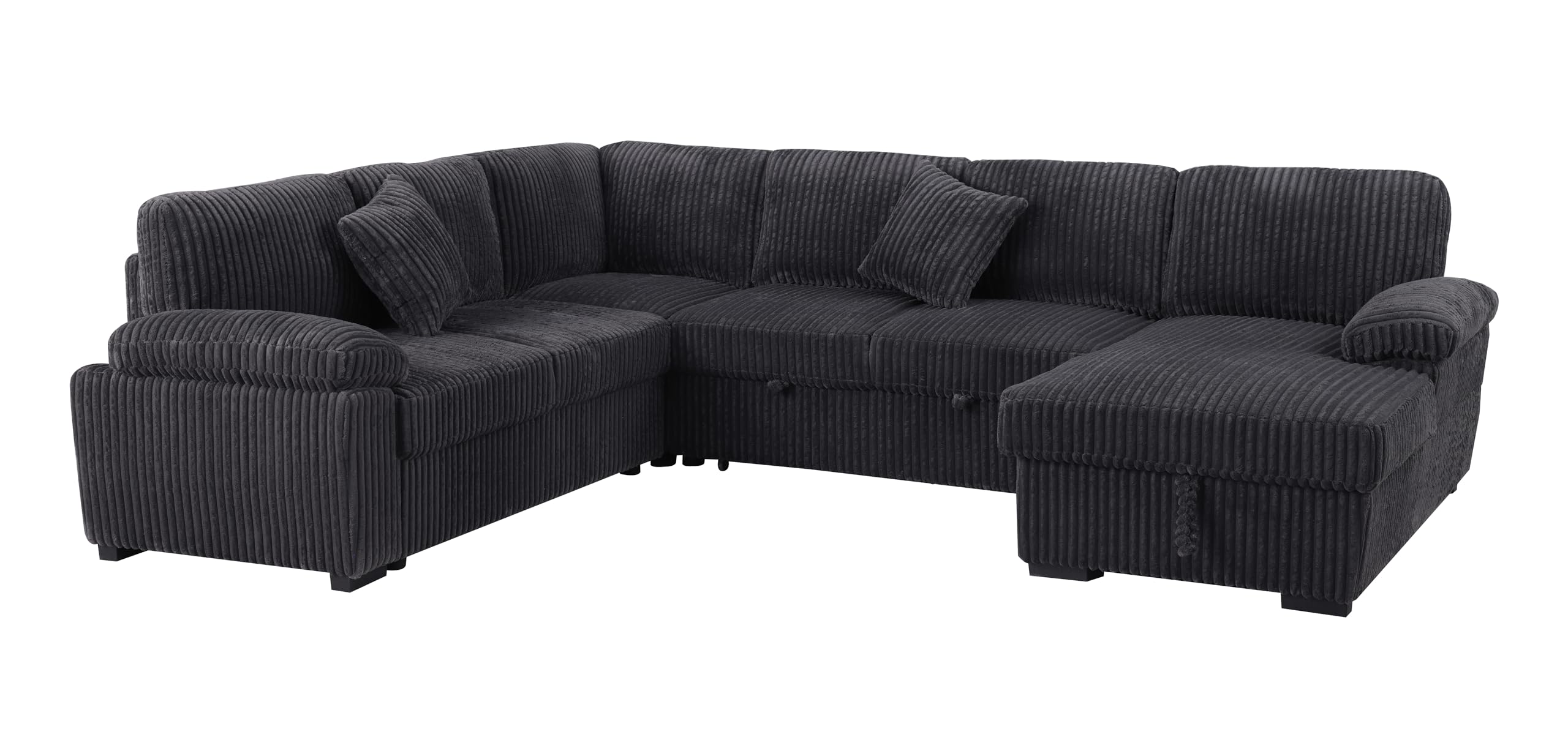 Modern Oversized U-Shaped Sectional Sofa with Pull-Out Sleeper Bed & Storage Chaise - Fluffy Corduroy Convertible Couch with Pillow-Top Armrests for Living Room, Family Room & Small Space Apartments