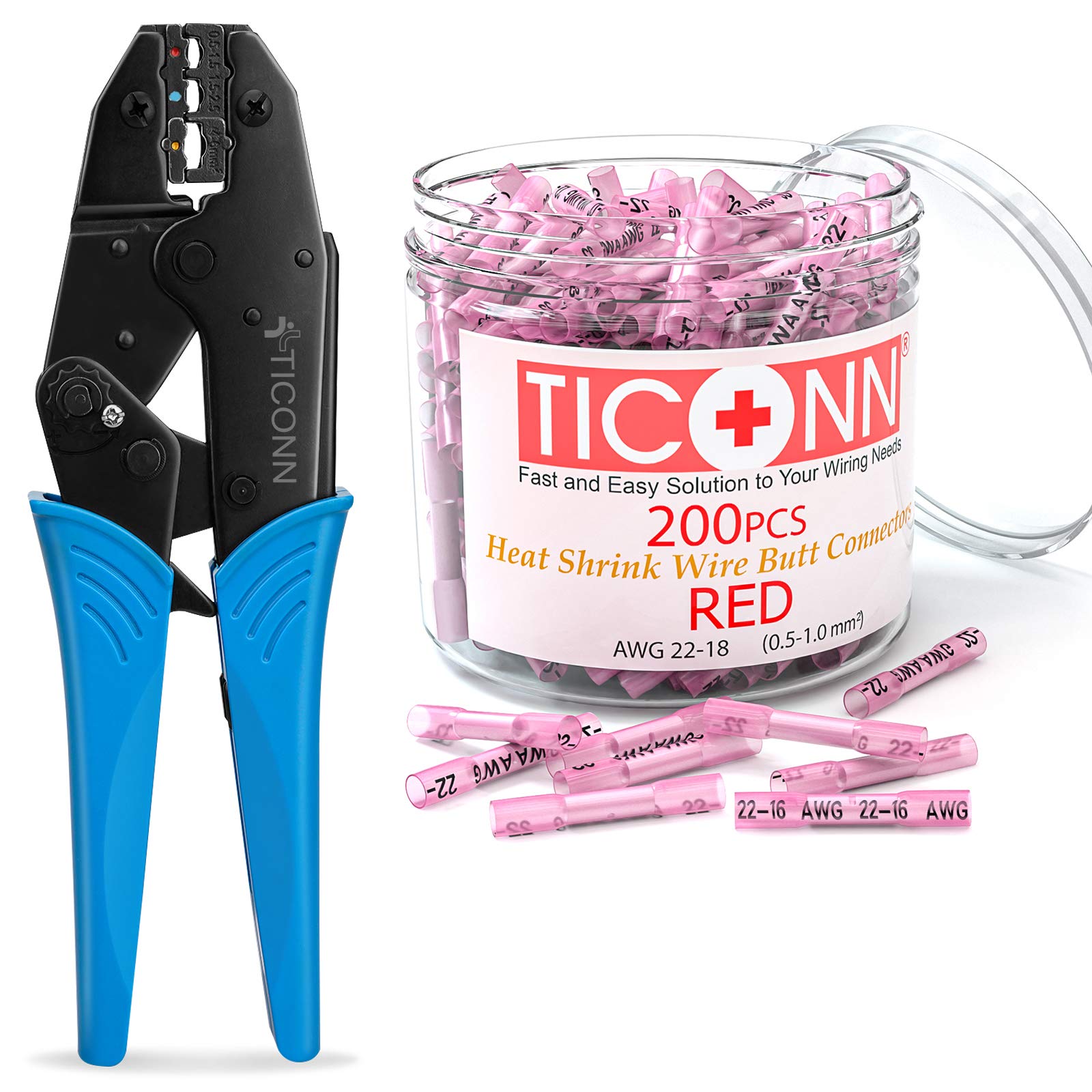 TICONN Ratcheting Crimping Tool Kit with 200PCS 22-18 AWG Heat Shrink Butt Connectors - Professional Electrical Wire Terminals for Automotive, Marine & Home Wiring Projects