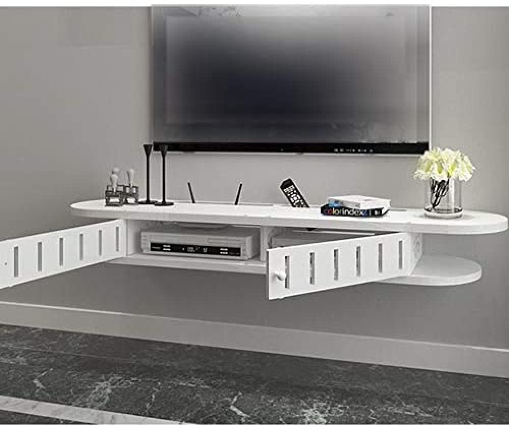 Floating Wall Shelves - White Wooden TV Stand with Storage for DVD Player, Set-Top Box & Telephone | Modern Home Decor for Living Room & Bedroom
