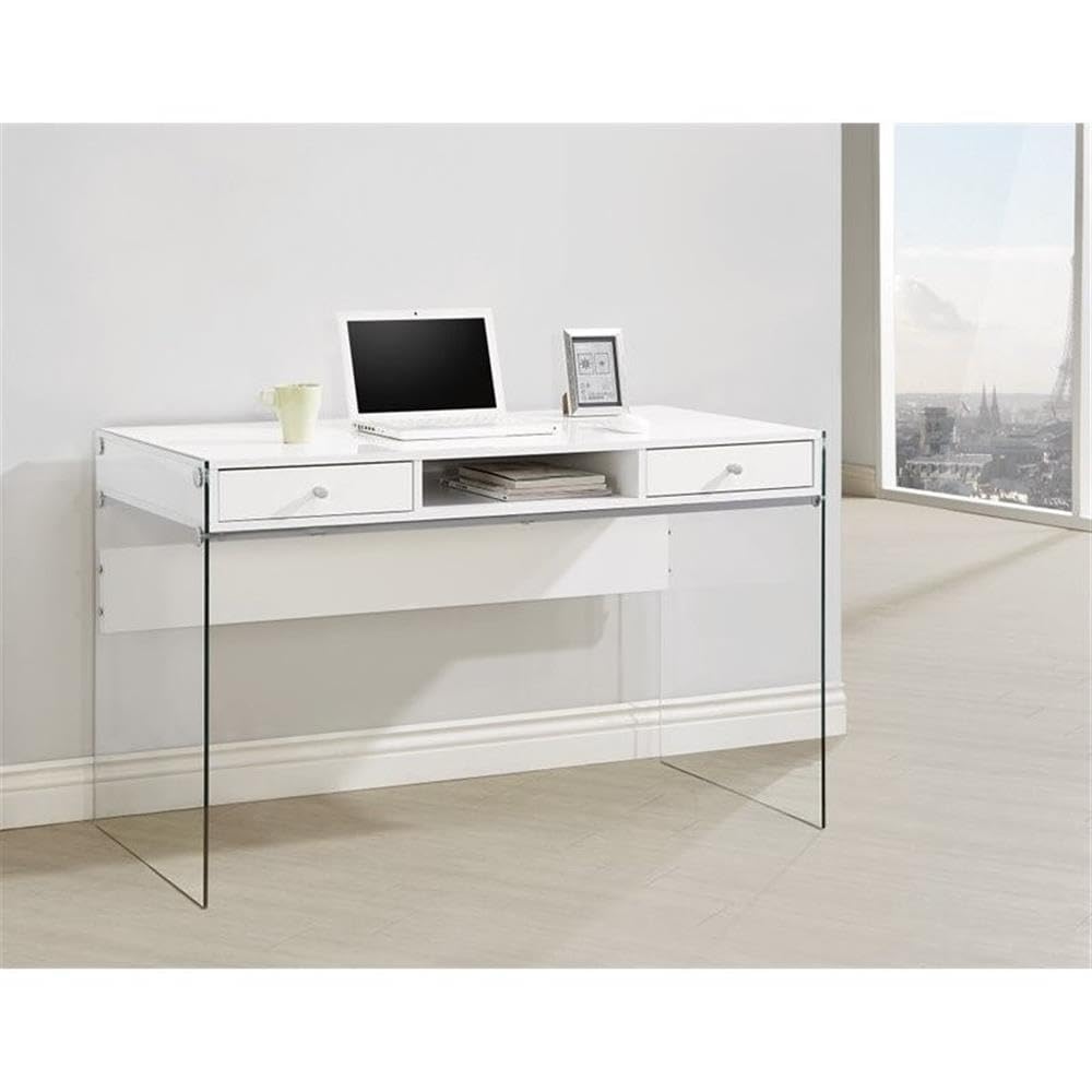 Modern 2-Drawer Glossy White Writing Desk - Home Office Furniture for Small Spaces, Study & Workstation Use