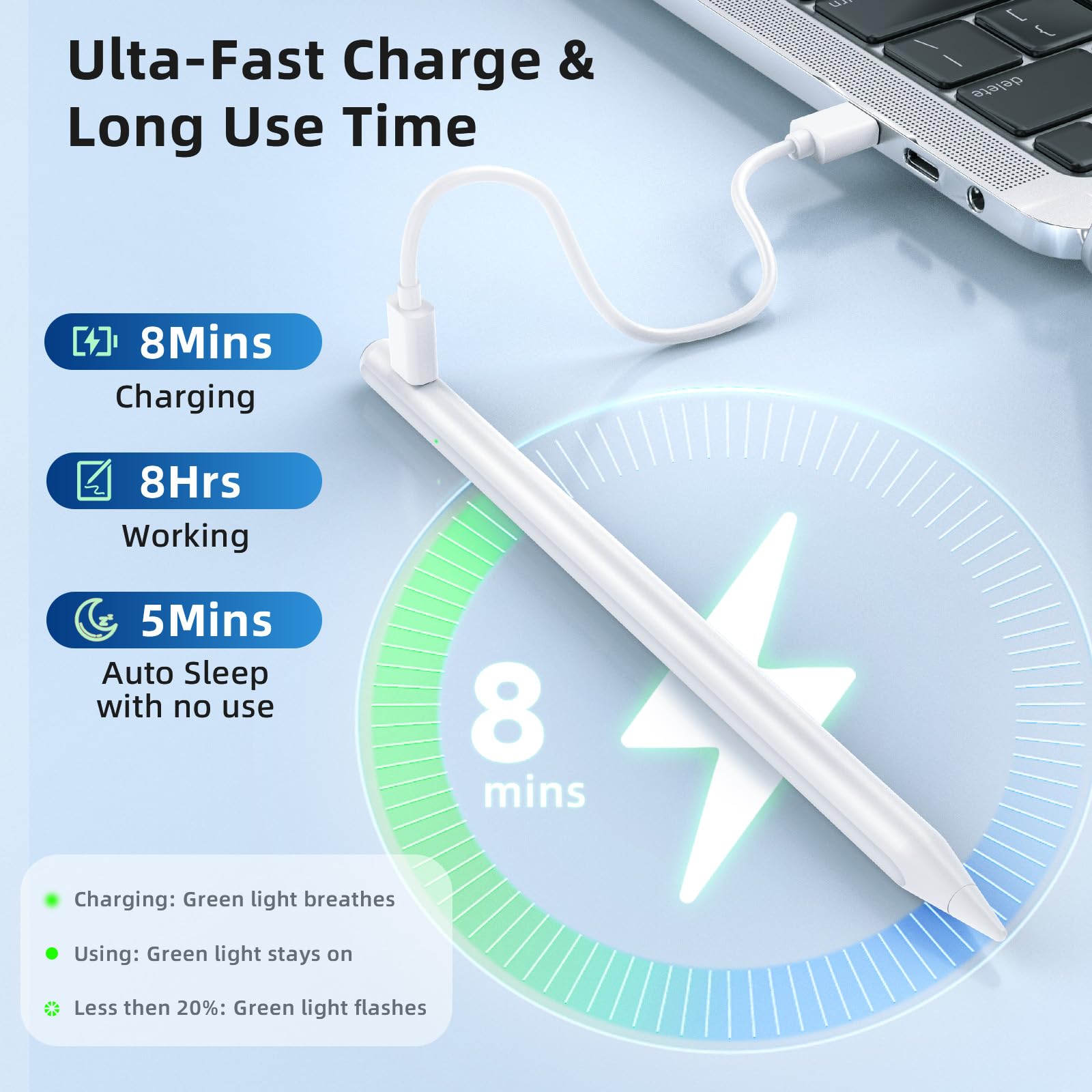 Fast Charging Stylus Pen for iPad (2018-2023) - 8-Minute Charge, Palm Rejection & Tilt Sensitivity - Compatible with iPad Pro 11