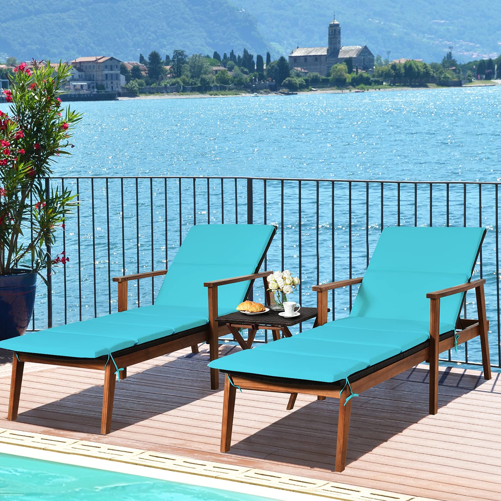 **Acacia Wood Chaise Lounge Set with Folding Coffee Table & Removable Cushions - 4 Adjustable Positions, Rattan Reclining Chair for Poolside, Garden, Beach, Patio - Turquoise Outdoor Furniture for Relaxation & Sunbathing**