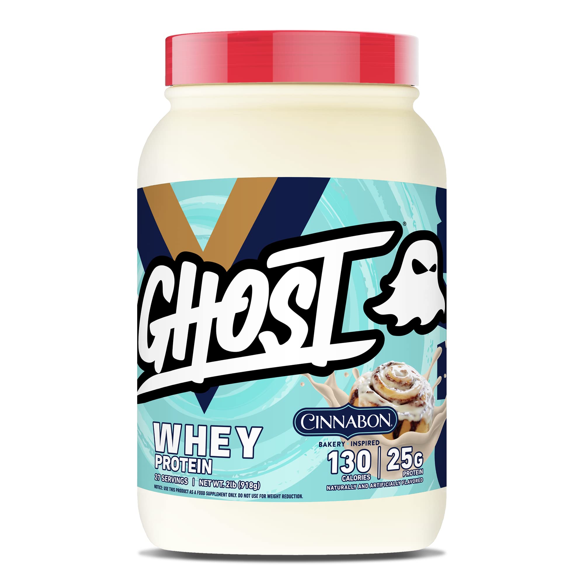 GHOST Whey Protein Powder - Cinnabon Flavor, 2LB Tub, 25G Protein per Serving | Cinnamon Roll Flavored Whey Protein Isolate, Concentrate & Hydrolyzed Blend | Post Workout Recovery, Muscle Building | Soy Free, Gluten Free | Perfect for Gym Lovers & Fitness Enthusiasts