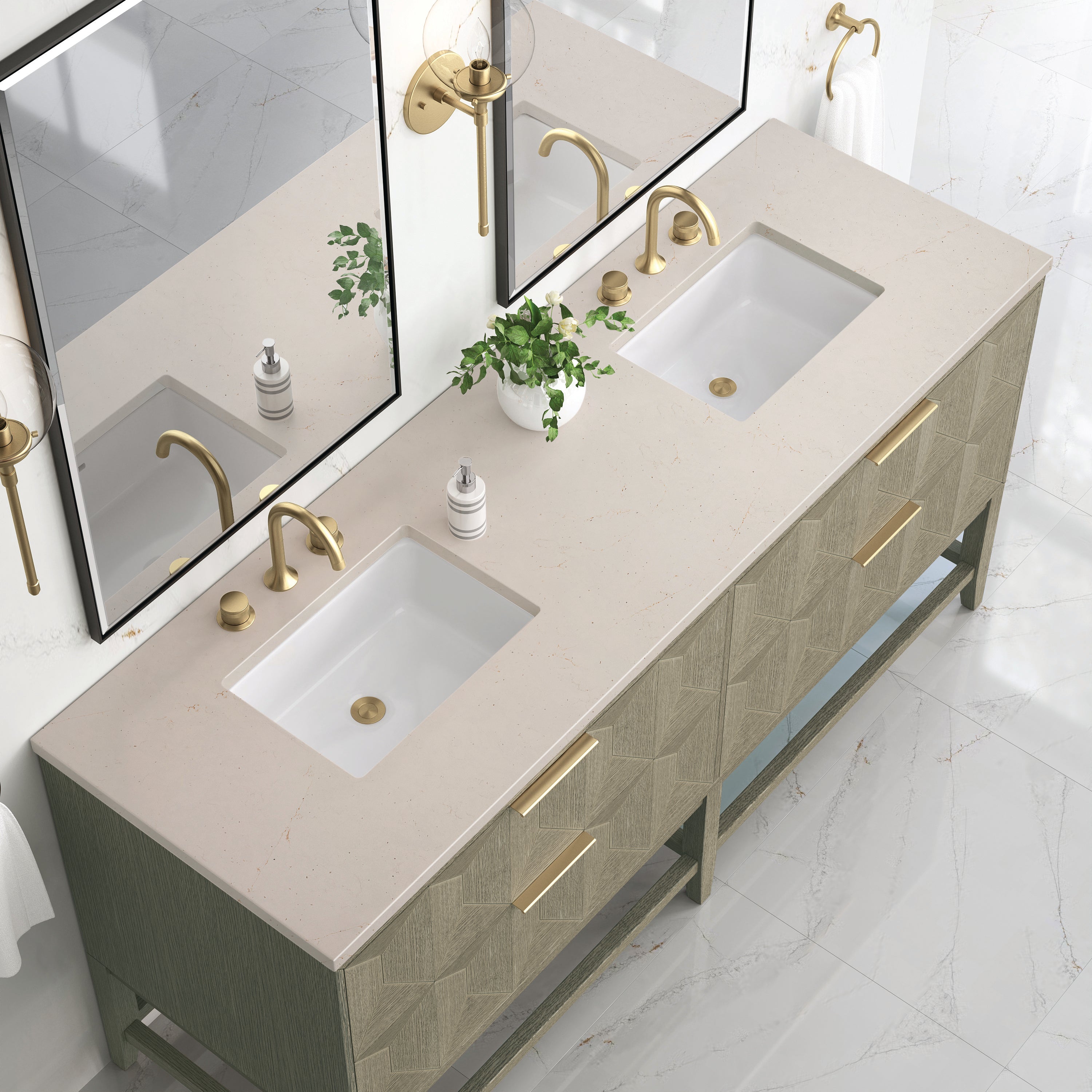 Emmeline 72 Inch Double Bathroom Vanity with Pebble Oak Finish & 3CM Eternal Marfil Stone Top - Perfect for Master Bathroom Renovation & Luxury Home Upgrade