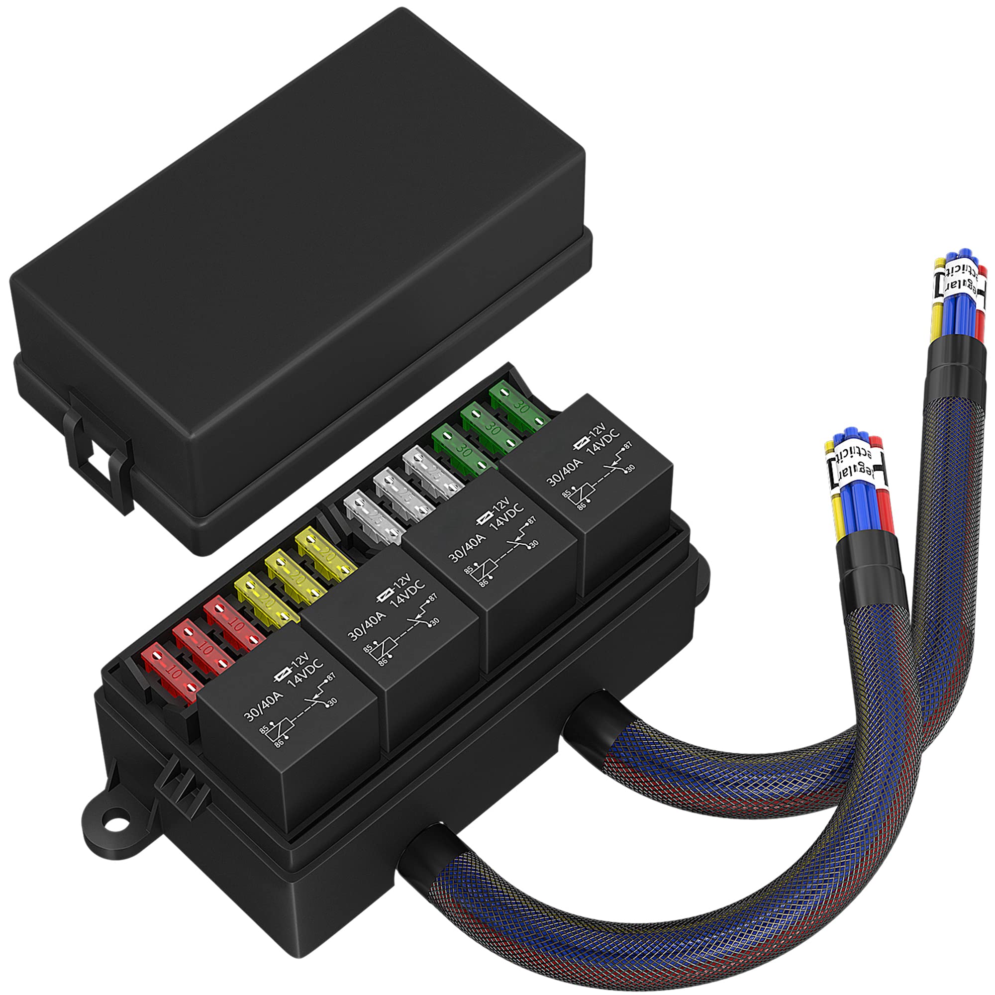12V Pre-Wired Fuse Relay Box with 4 Relays & 12 ATC/ATO Fuses - Waterproof Automotive Fuse Block for Cars, Trucks, Boats, Marine & RV Electrical Systems - Perfect for Vehicle Wiring, Audio Installations & Accessory Power Distribution