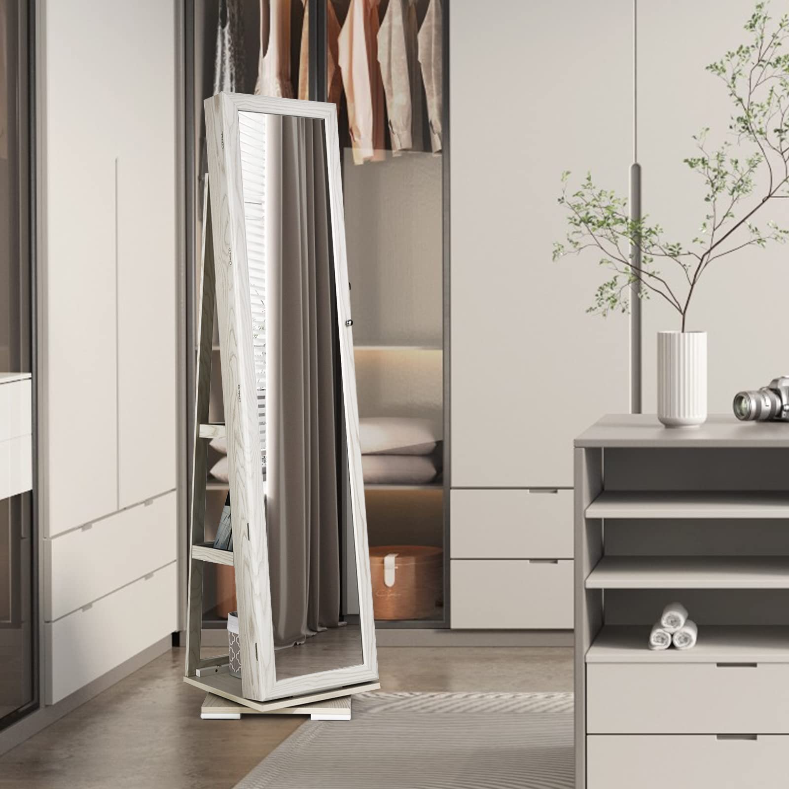 COSTWAY 360° Rotating Jewelry Armoire Cabinet with Full-Length Mirror - Lockable Standing Jewelry Organizer for Women & Girls, Large Storage Space for Necklaces, Rings & Accessories (White) - Perfect for Bedroom, Dressing Room & Closet Organization