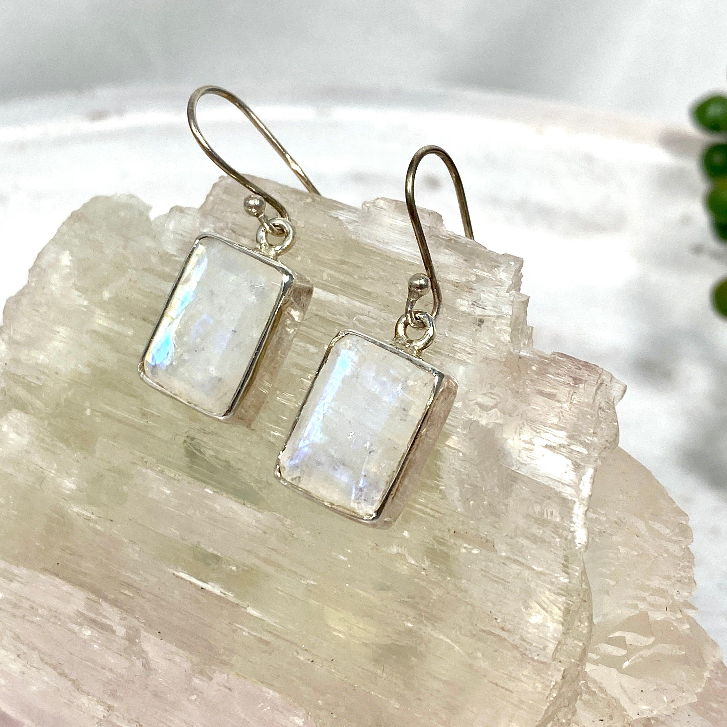Rainbow Moonstone Faceted Rectangular Earrings for Women - Elegant Dangle Drop Jewelry for Party, Wedding & Everyday Wear - KEGJ797