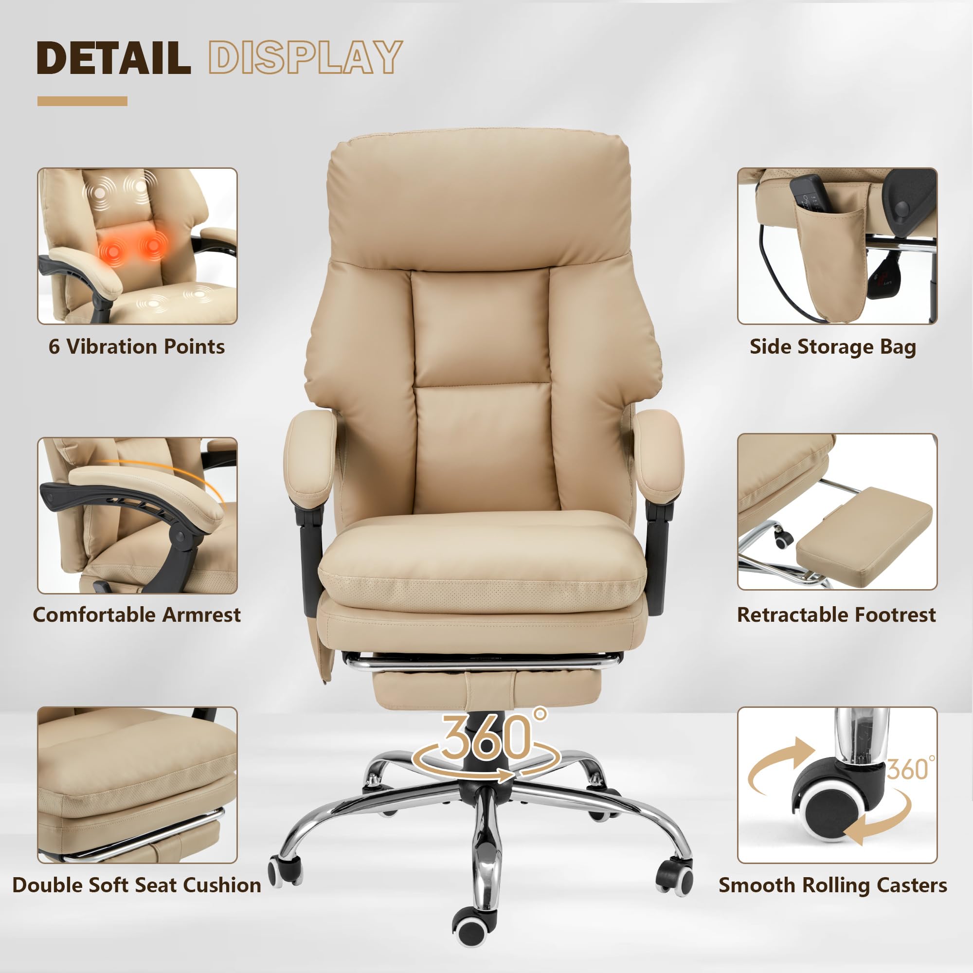 HOMREST Ergonomic Office Chair with 6-Point Massage & Heating, Adjustable Executive Desk Chair with Footrest - PU Leather Home Office Chair for Back Pain Relief, Perfect for Work from Home & Office Use (Khaki)
