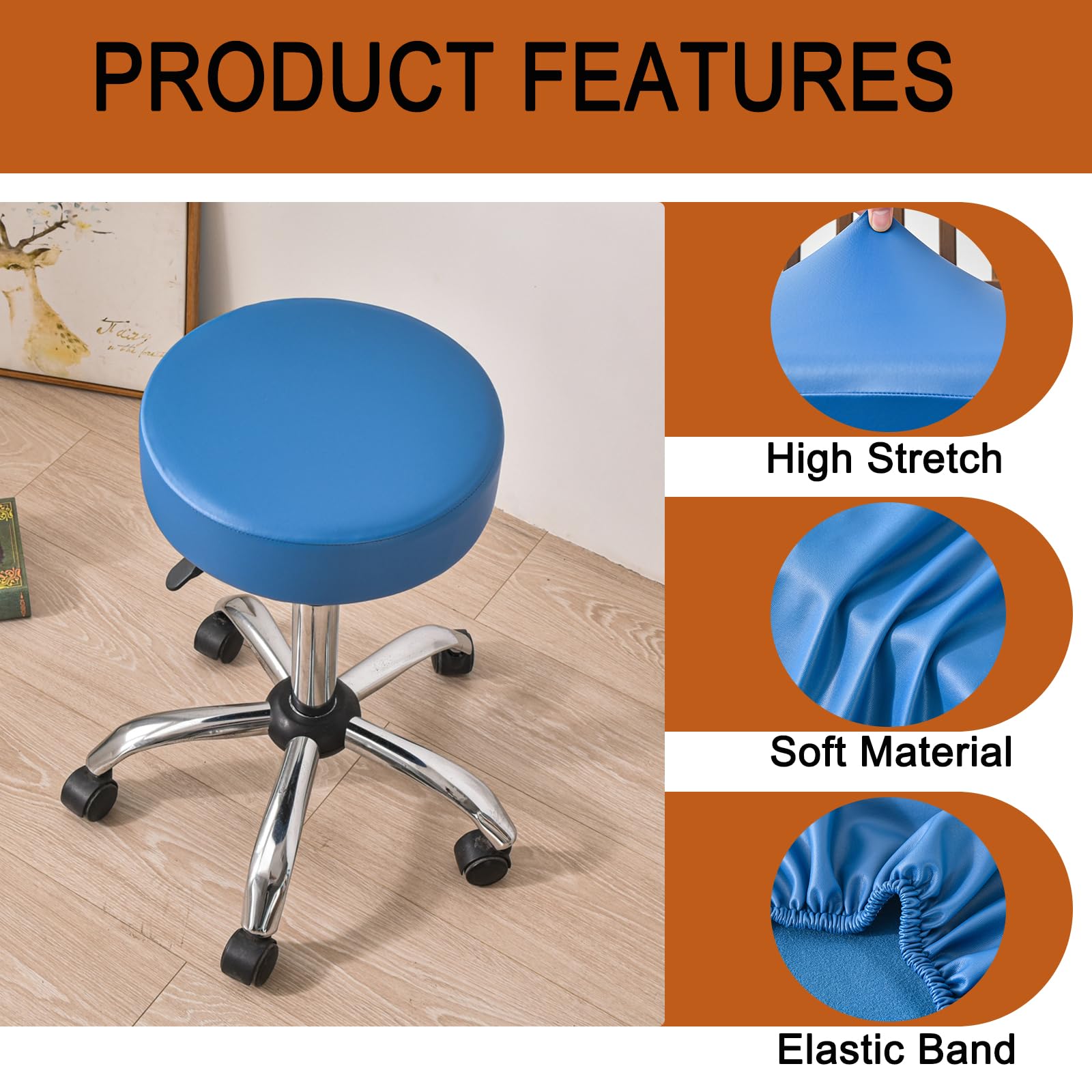 Waterproof Round Bar Stool Covers Set of 2 - PU Leather Stretch Seat Cushion Covers with Non-Slip Bottom for Kitchen, Dining Room & Bar Stools - Blue - Perfect for Home Decor, Restaurant & Cafe Use